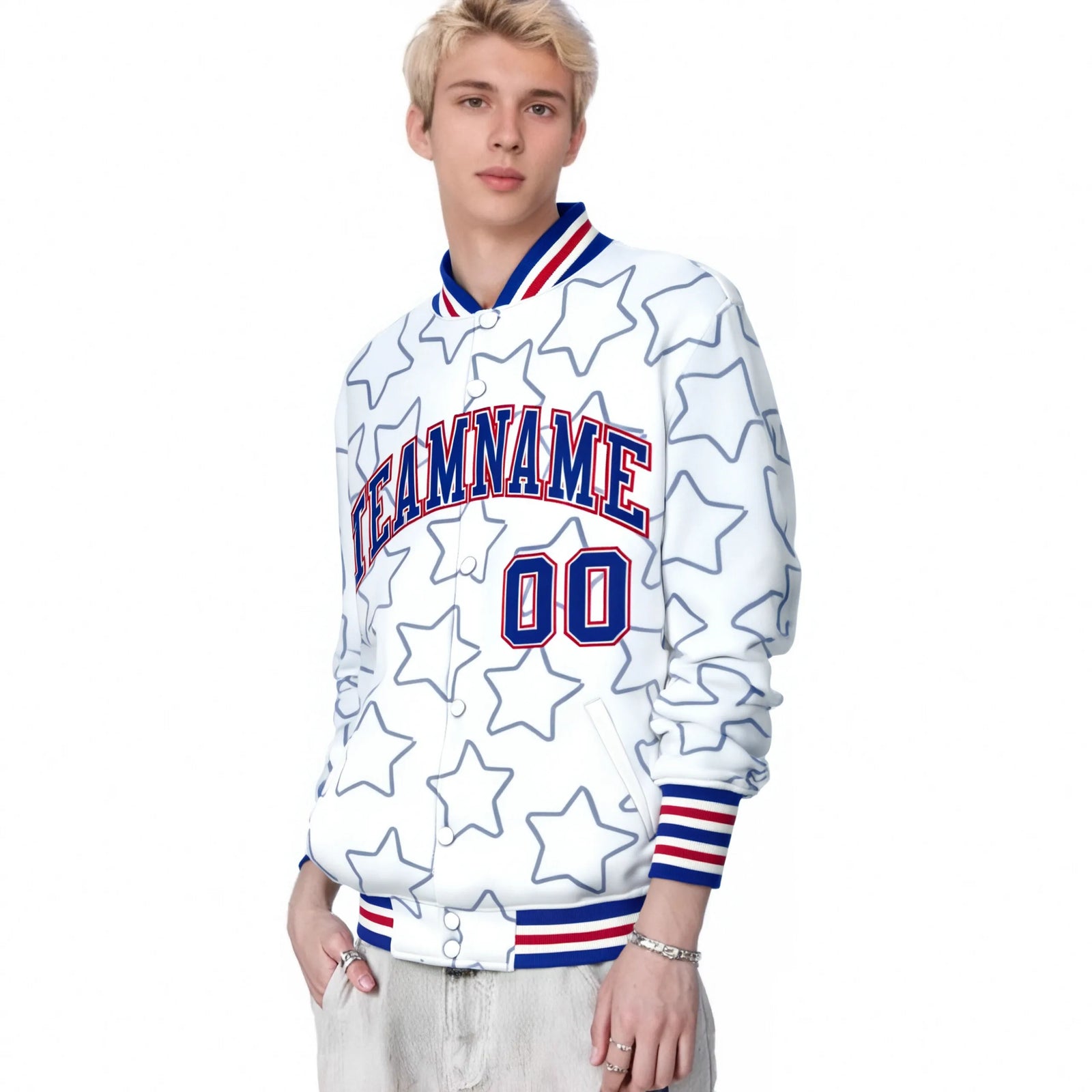 Custom White Royal Blue-Royal Blue Varsity Full-Snap Star Pattern Letterman Baseball Jacket