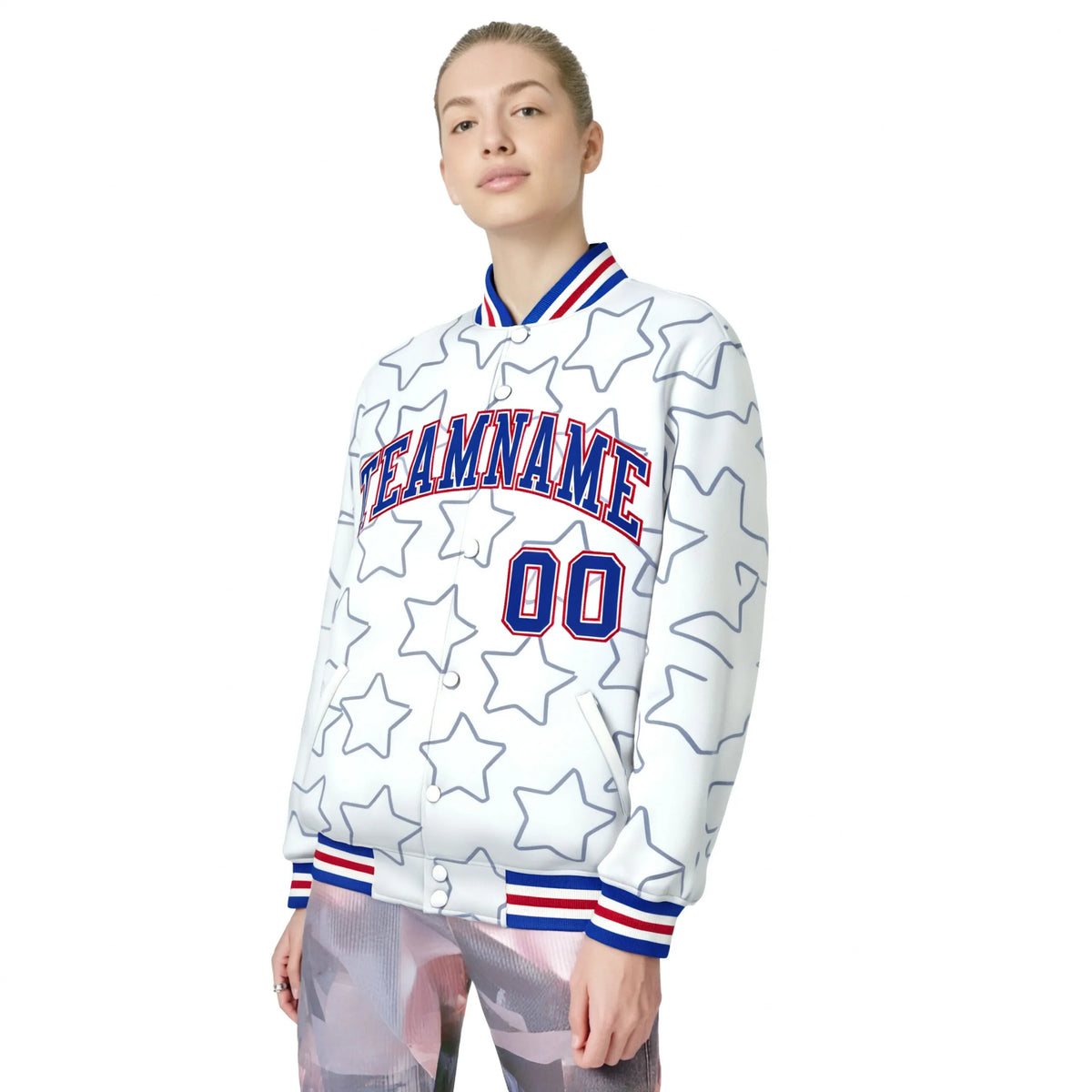 Custom White Royal Blue-Royal Blue Varsity Full-Snap Star Pattern Letterman Baseball Jacket