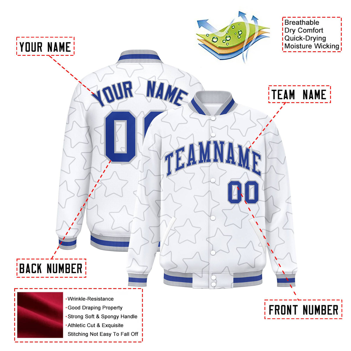 Custom White Royal Blue-Gray Varsity Full-Snap Star Pattern Letterman Baseball Jacket