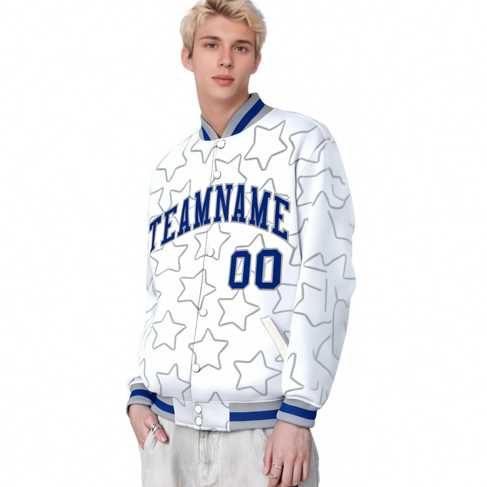 Custom White Royal Blue-Gray Varsity Full-Snap Star Pattern Letterman Baseball Jacket