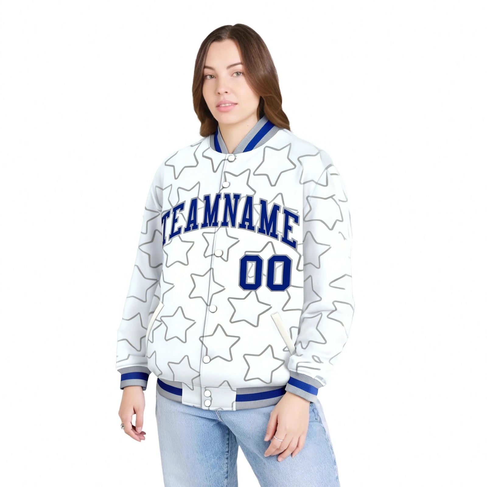 Custom White Royal Blue-Gray Varsity Full-Snap Star Pattern Letterman Baseball Jacket