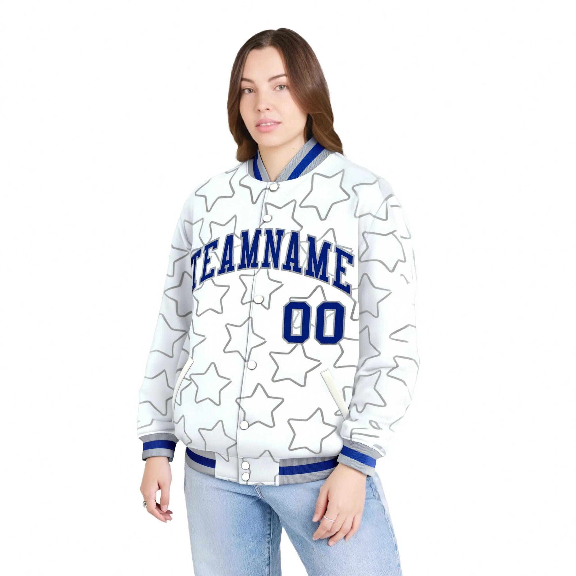 Custom White Royal Blue-Gray Varsity Full-Snap Star Pattern Letterman Baseball Jacket