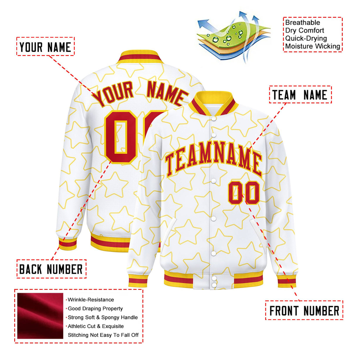 Custom White Red-Gold Varsity Full-Snap Star Pattern Letterman Baseball Jacket