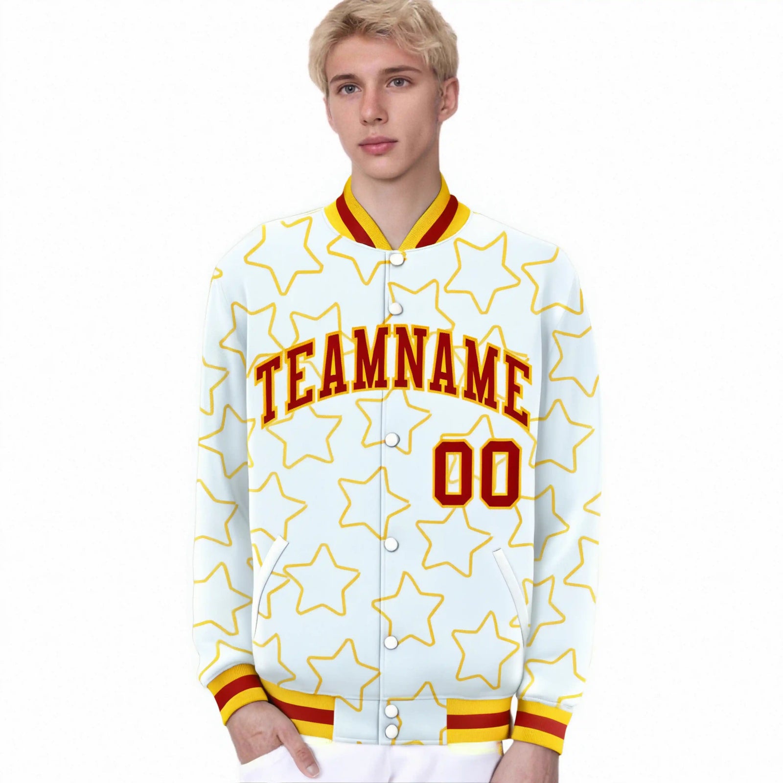 Custom White Red-Gold Varsity Full-Snap Star Pattern Letterman Baseball Jacket