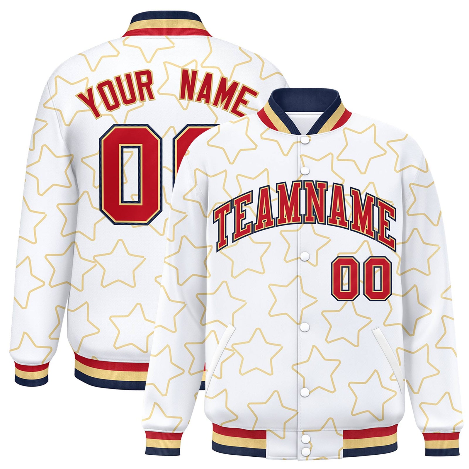 Custom White Red-Navy Varsity Full-Snap Star Pattern Letterman Baseball Jacket