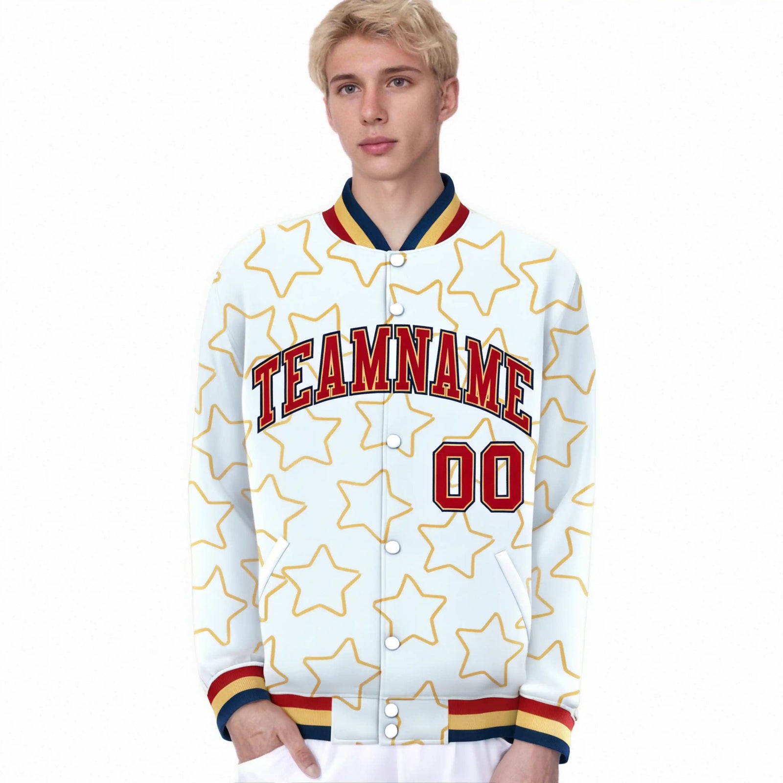 Custom White Red-Navy Varsity Full-Snap Star Pattern Letterman Baseball Jacket