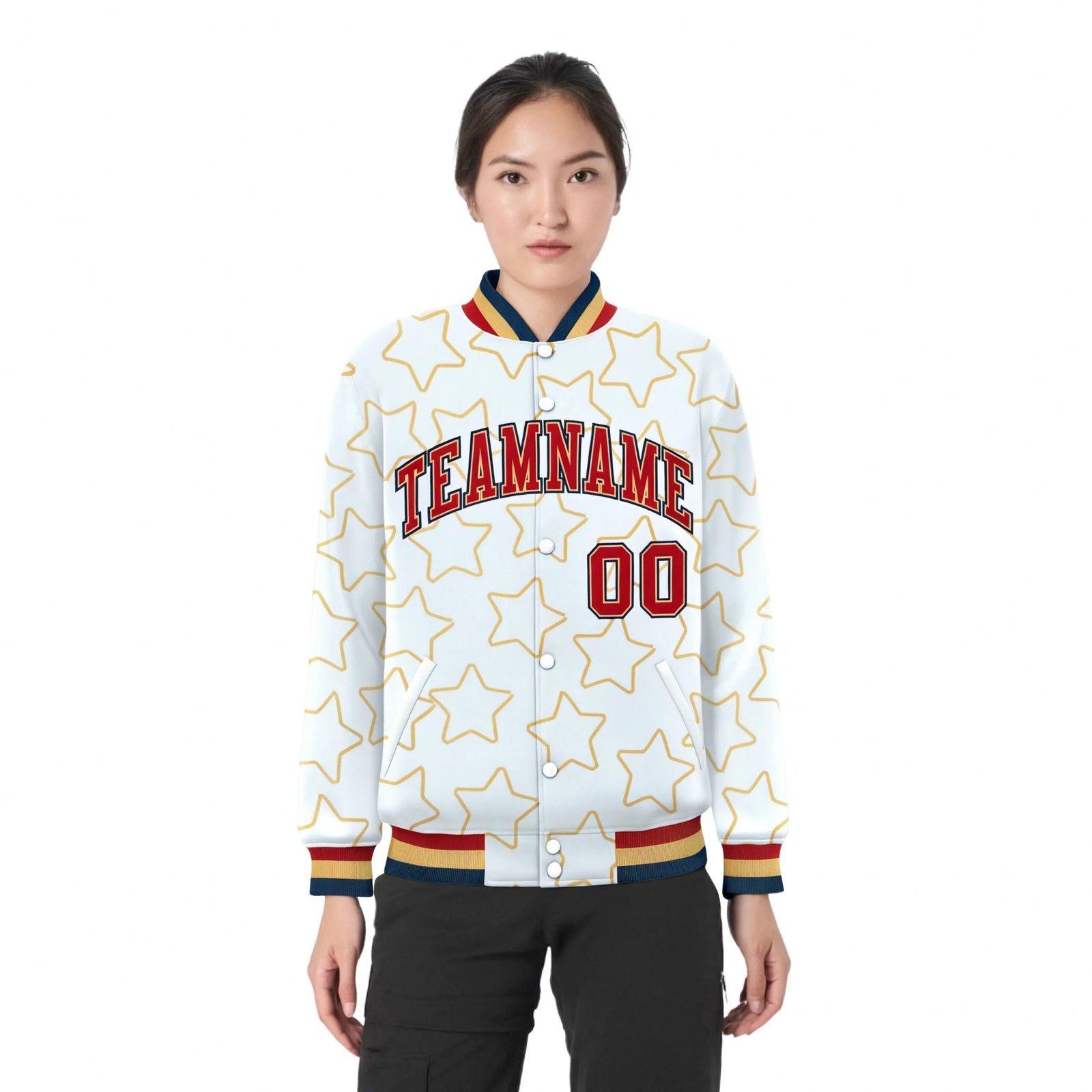 Custom White Red-Navy Varsity Full-Snap Star Pattern Letterman Baseball Jacket