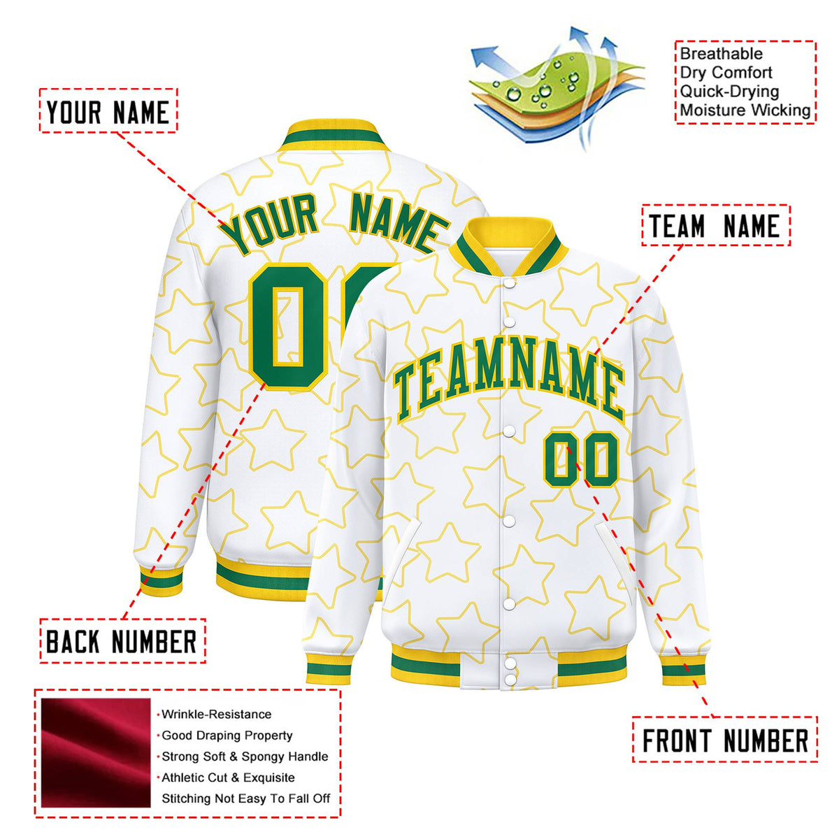 Custom White Neon Green-Gold Varsity Full-Snap Star Pattern Letterman Baseball Jacket