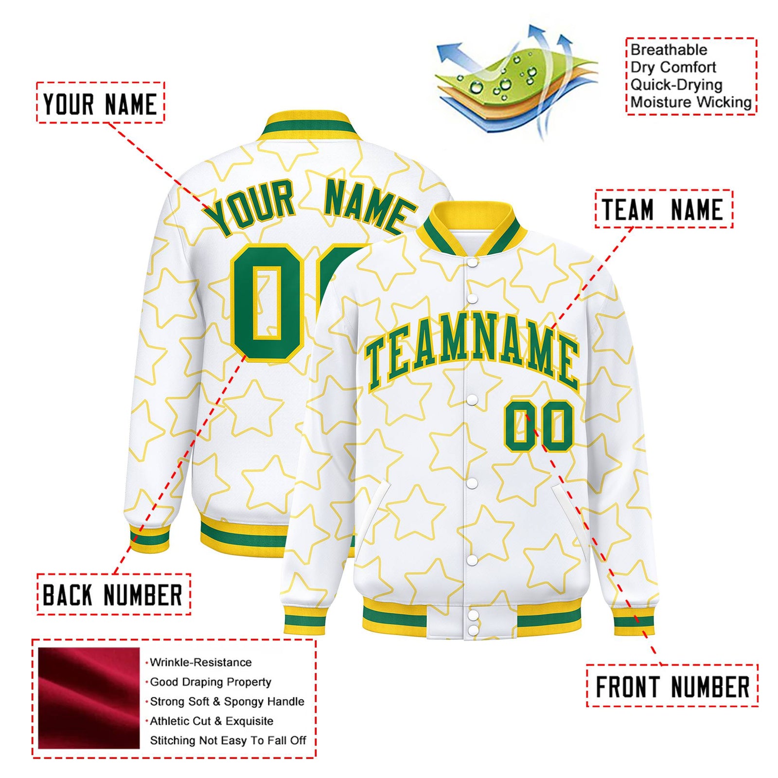 Custom White Neon Green-Gold Varsity Full-Snap Star Pattern Letterman Baseball Jacket
