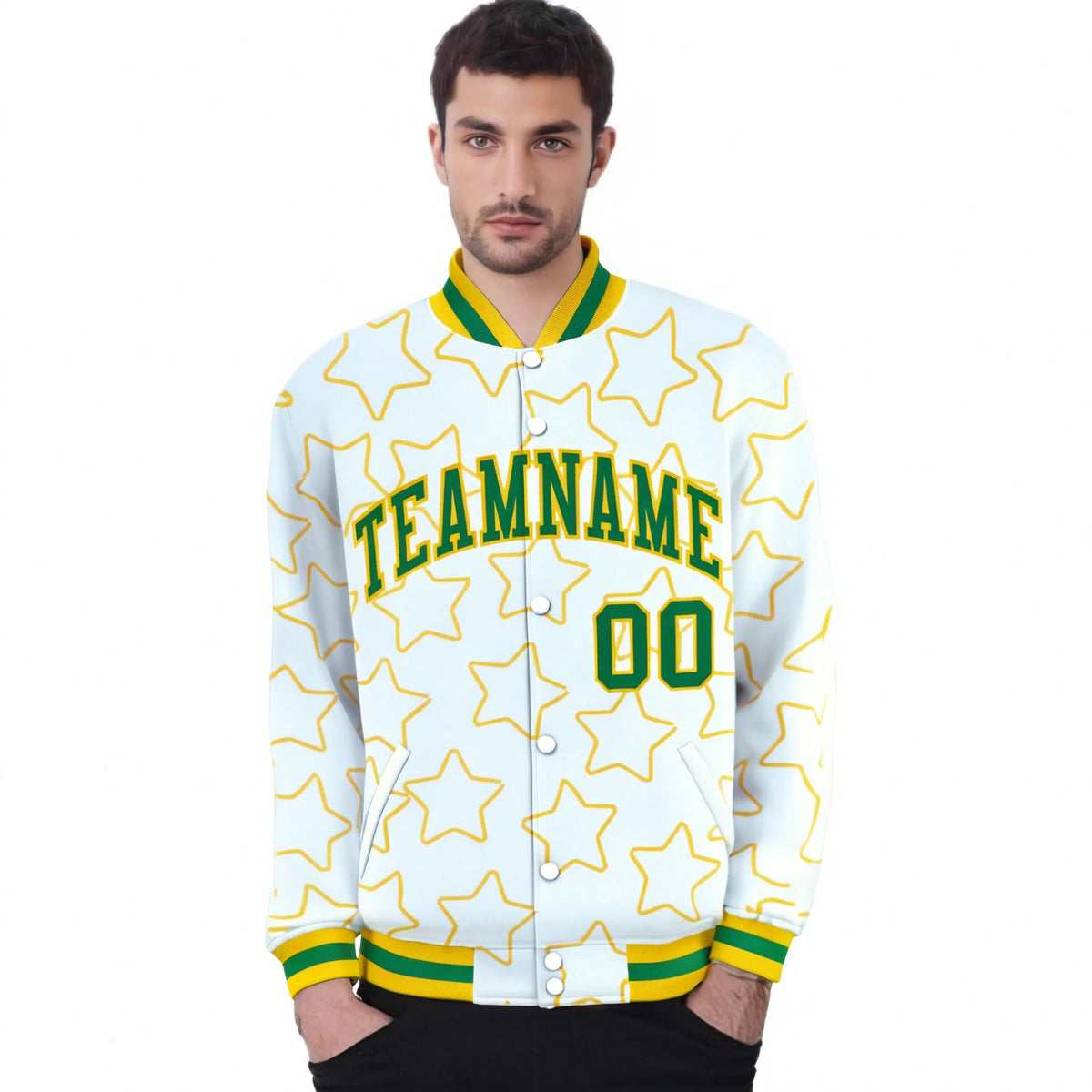 Custom White Neon Green-Gold Varsity Full-Snap Star Pattern Letterman Baseball Jacket