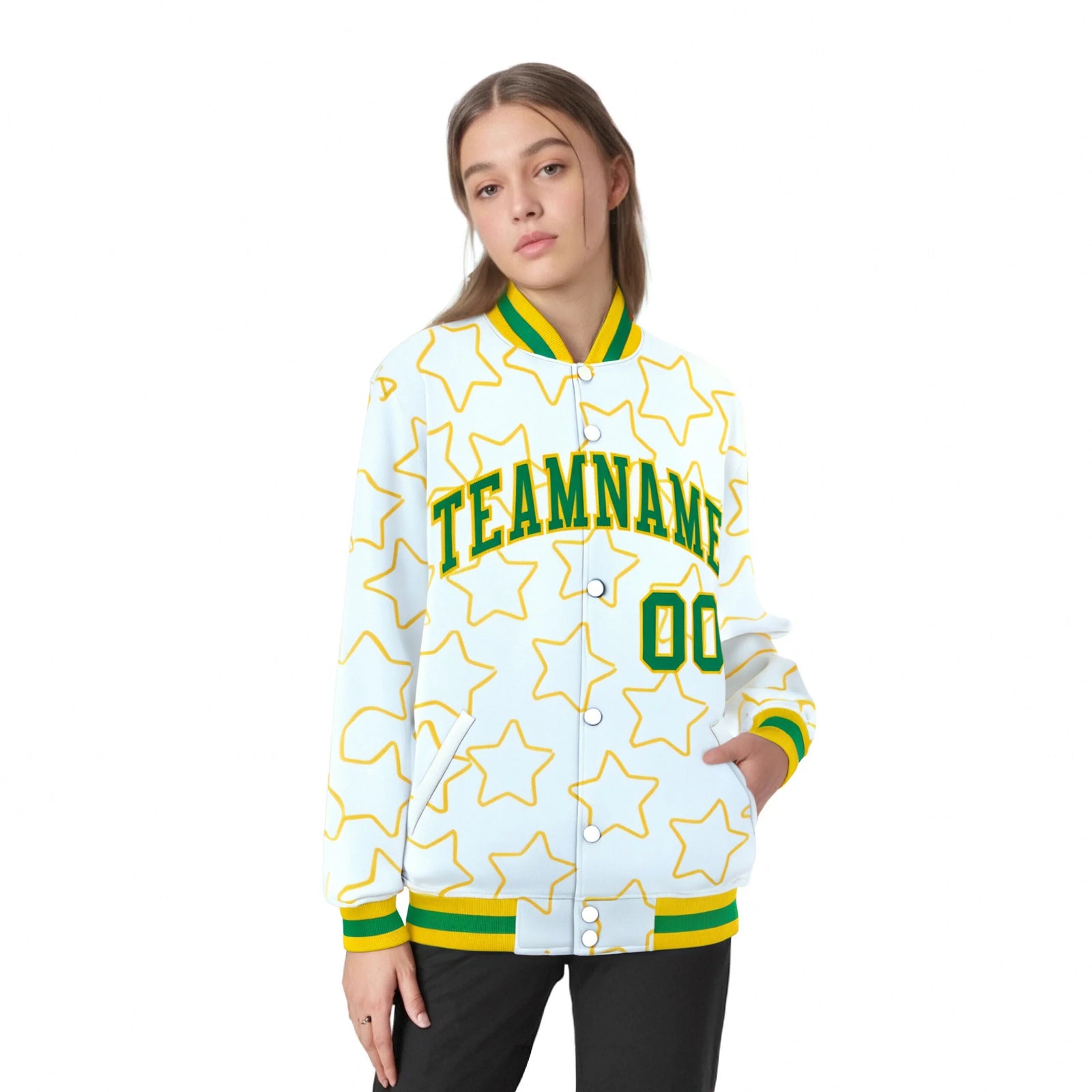 Custom White Neon Green-Gold Varsity Full-Snap Star Pattern Letterman Baseball Jacket