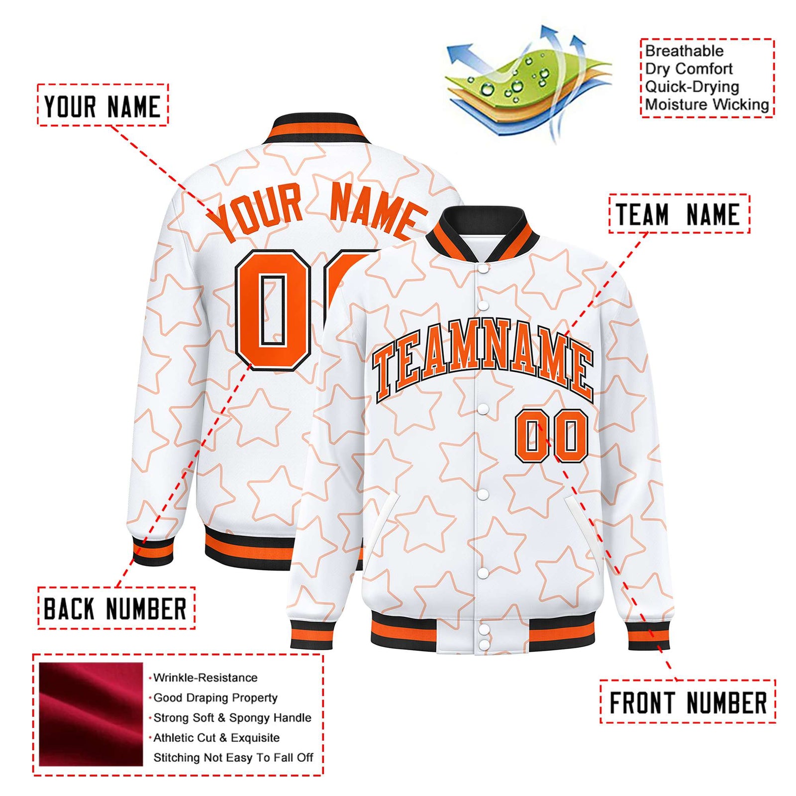 Custom White Orange-Black Varsity Full-Snap Star Pattern Letterman Baseball Jacket