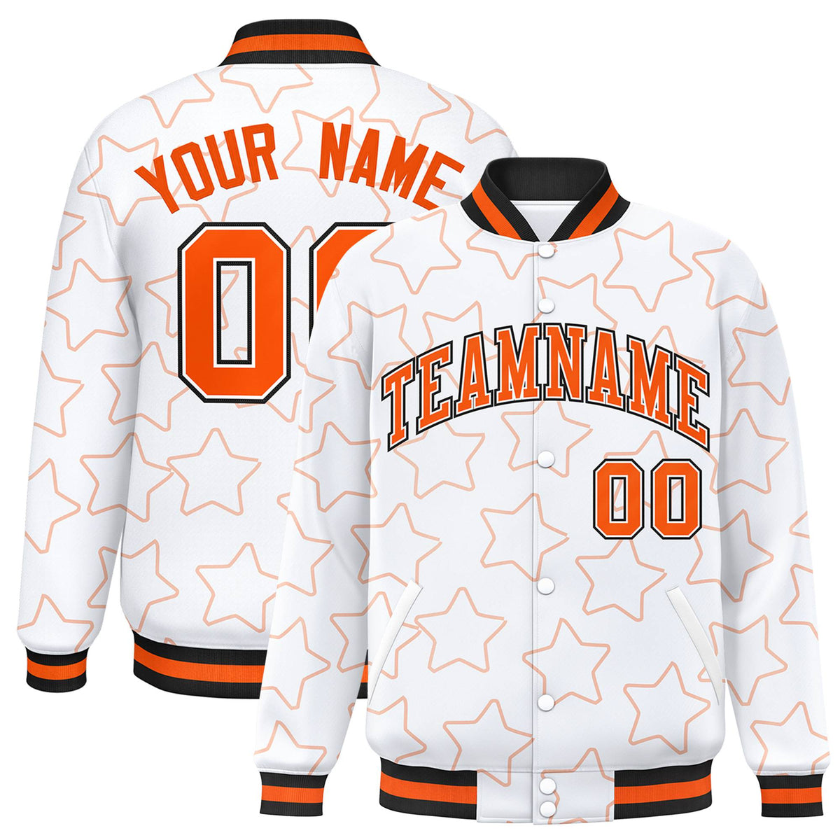 Custom White Orange-Black Varsity Full-Snap Star Pattern Letterman Baseball Jacket