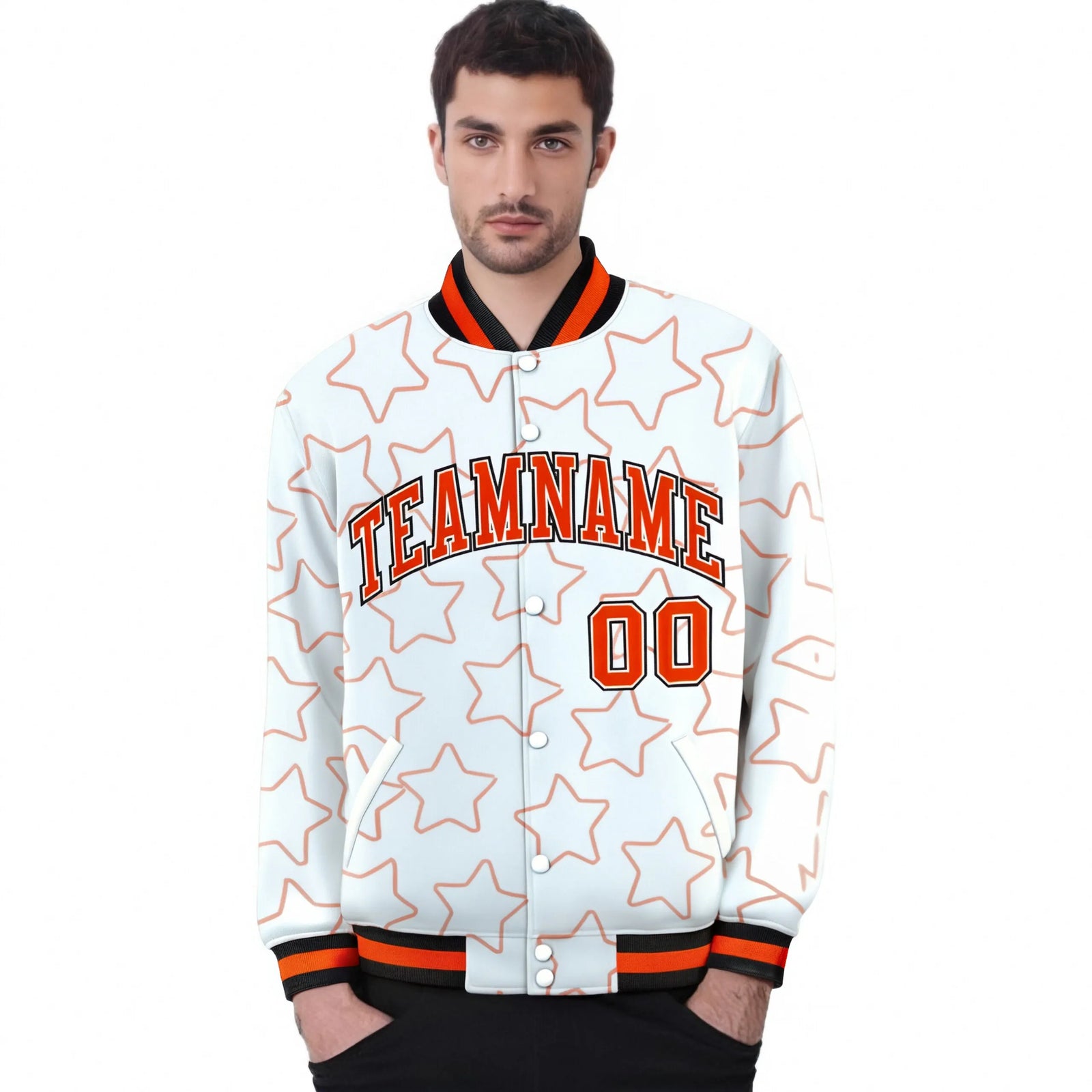 Custom White Orange-Black Varsity Full-Snap Star Pattern Letterman Baseball Jacket