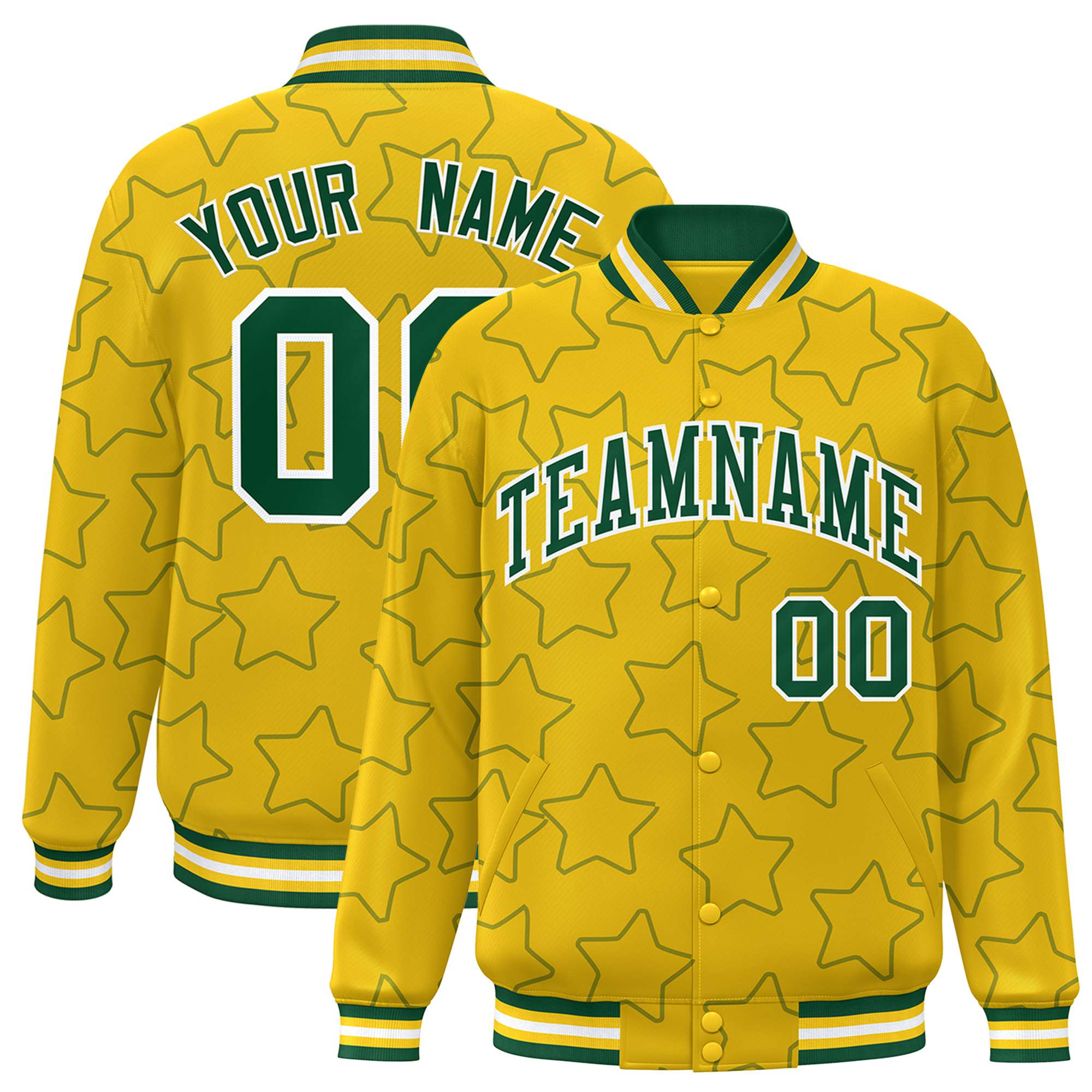 Custom Gold Green-White Varsity Full-Snap Star Pattern Letterman Baseball Jacket