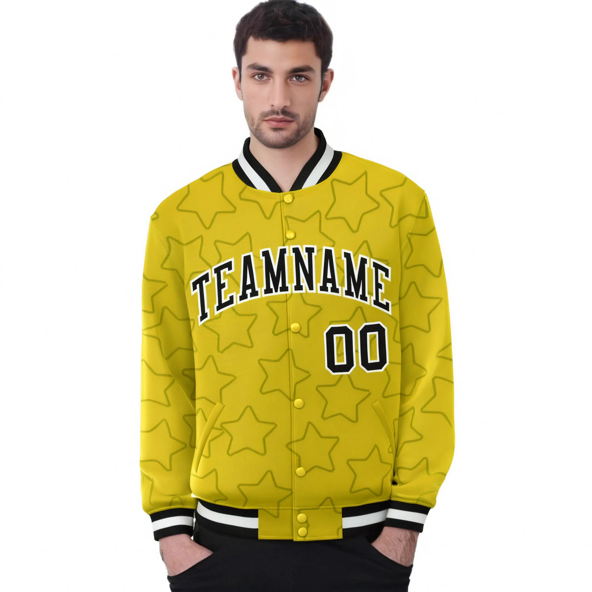 Custom Gold Black-White Varsity Full-Snap Star Pattern Letterman Baseball Jacket