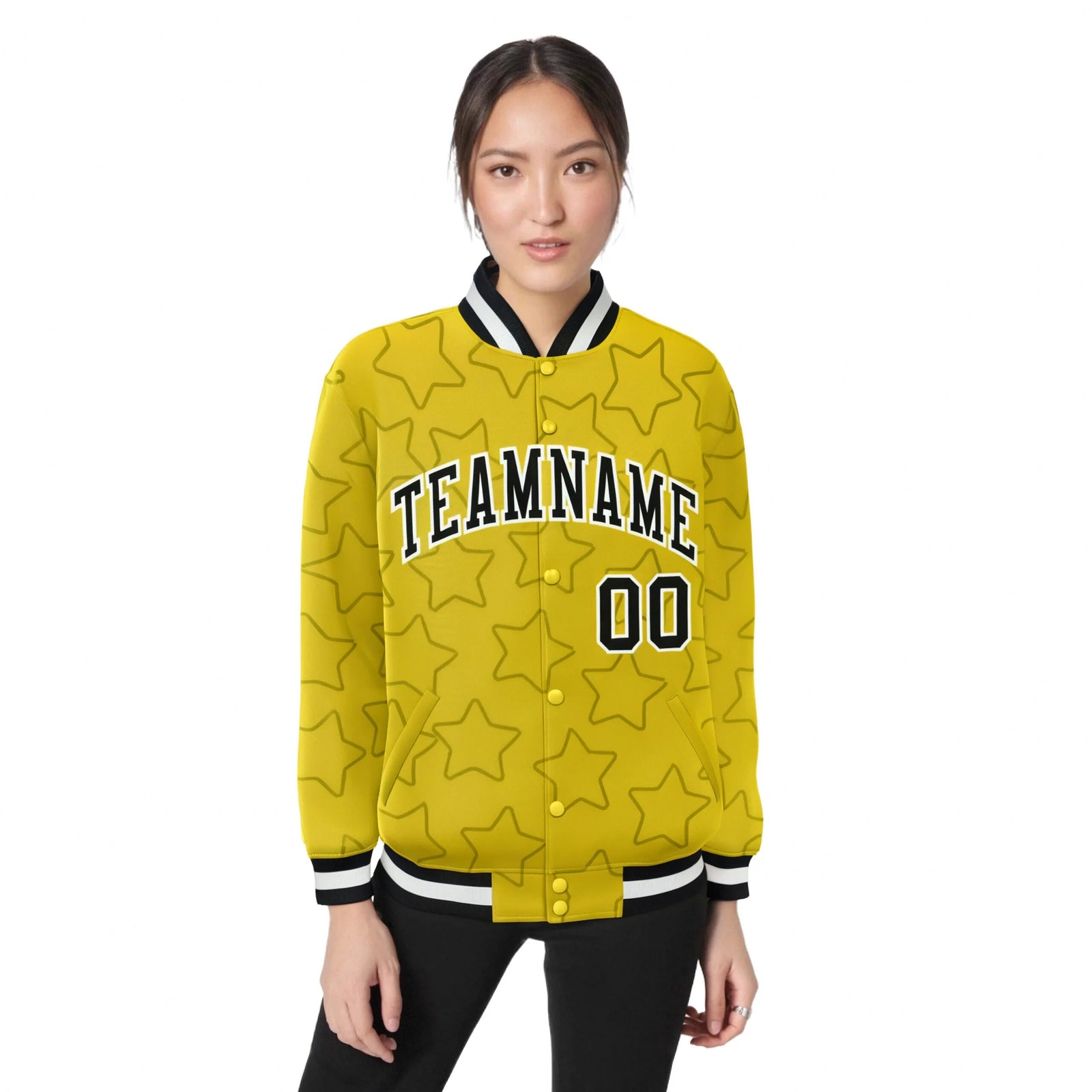 Custom Gold Black-White Varsity Full-Snap Star Pattern Letterman Baseball Jacket