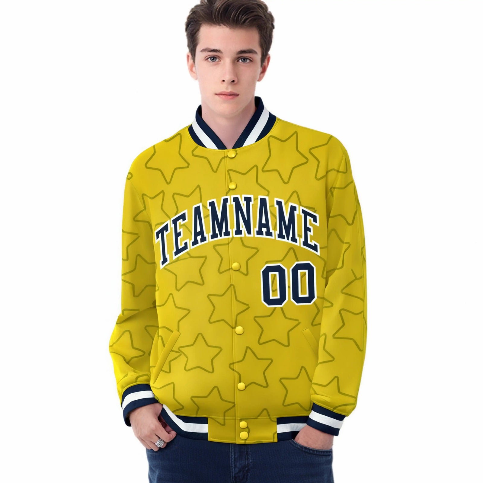 Custom Gold Navy-White Varsity Full-Snap Star Pattern Letterman Baseball Jacket