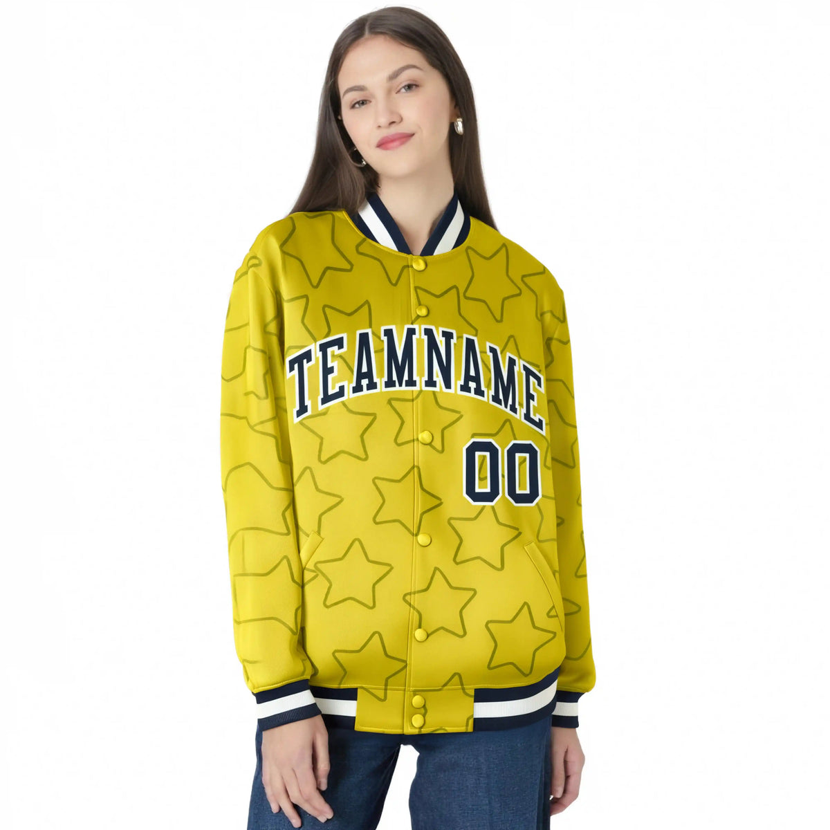 Custom Gold Navy-White Varsity Full-Snap Star Pattern Letterman Baseball Jacket