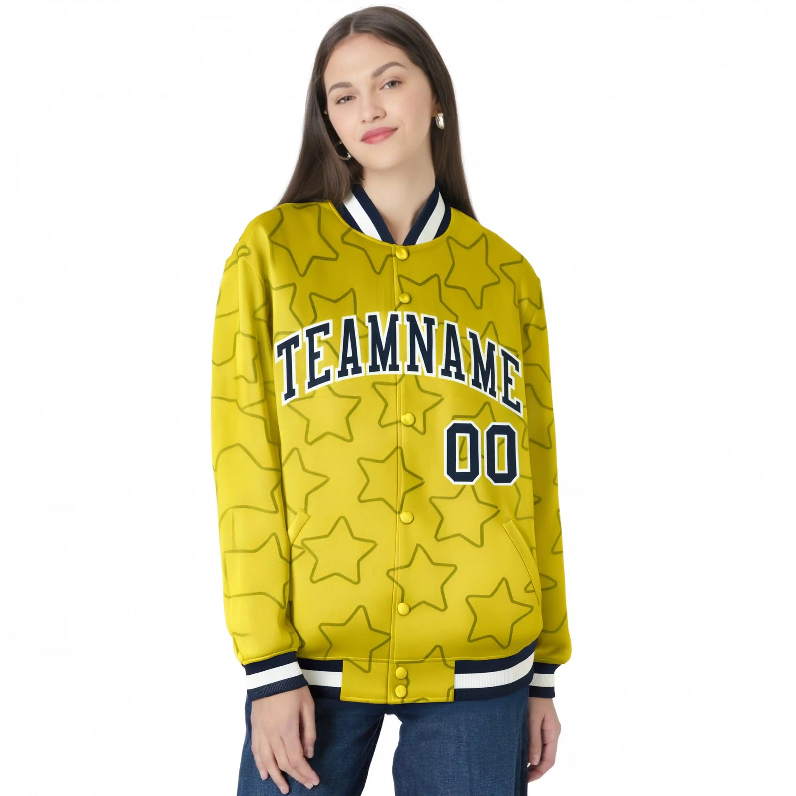 Custom Gold Navy-White Varsity Full-Snap Star Pattern Letterman Baseball Jacket