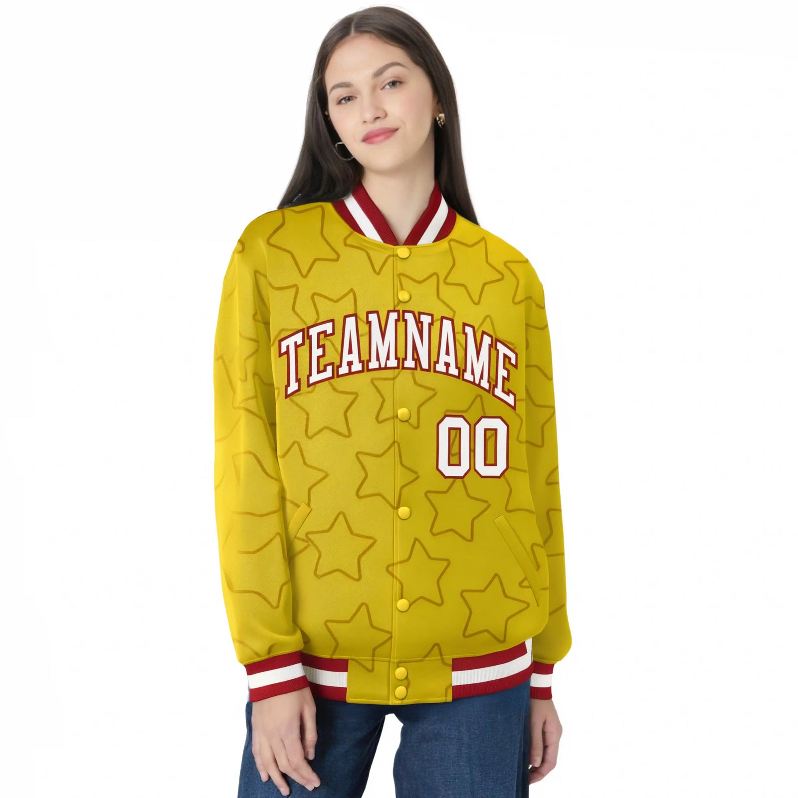 Custom Gold White-Red Varsity Full-Snap Star Pattern Letterman Baseball Jacket