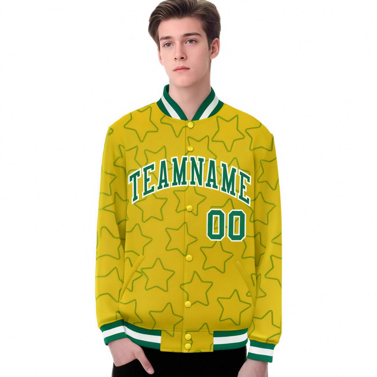 Custom Gold Teal-White Varsity Full-Snap Star Pattern Letterman Baseball Jacket