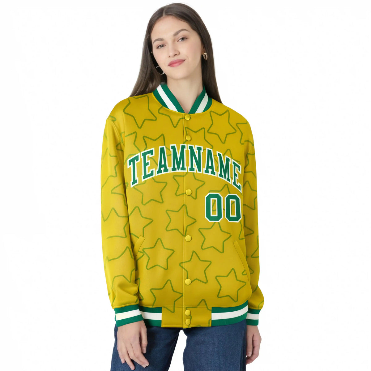 Custom Gold Teal-White Varsity Full-Snap Star Pattern Letterman Baseball Jacket