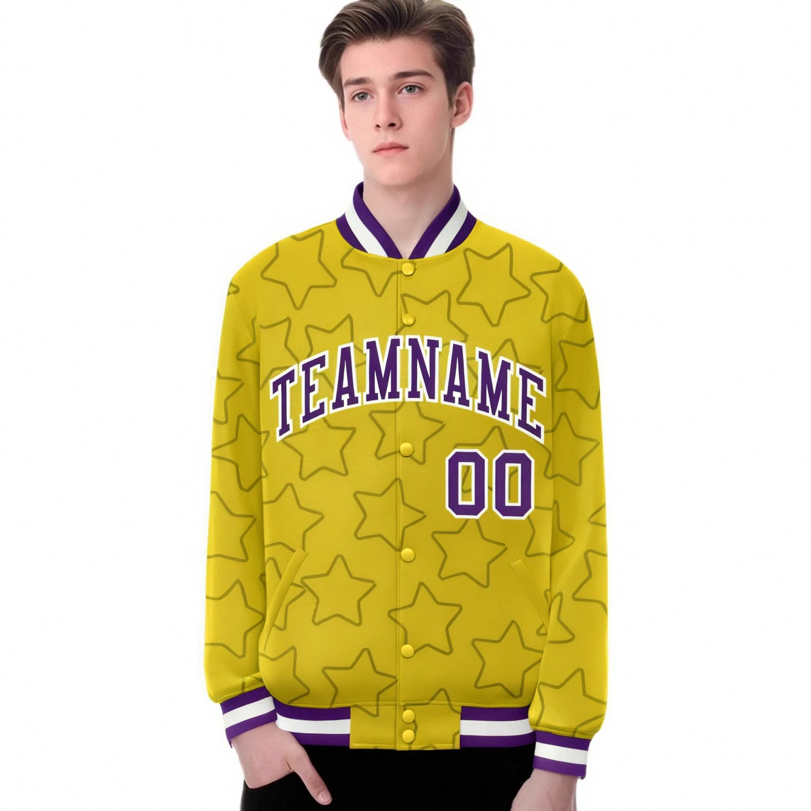 Custom Gold Purple-White Varsity Full-Snap Star Pattern Letterman Baseball Jacket