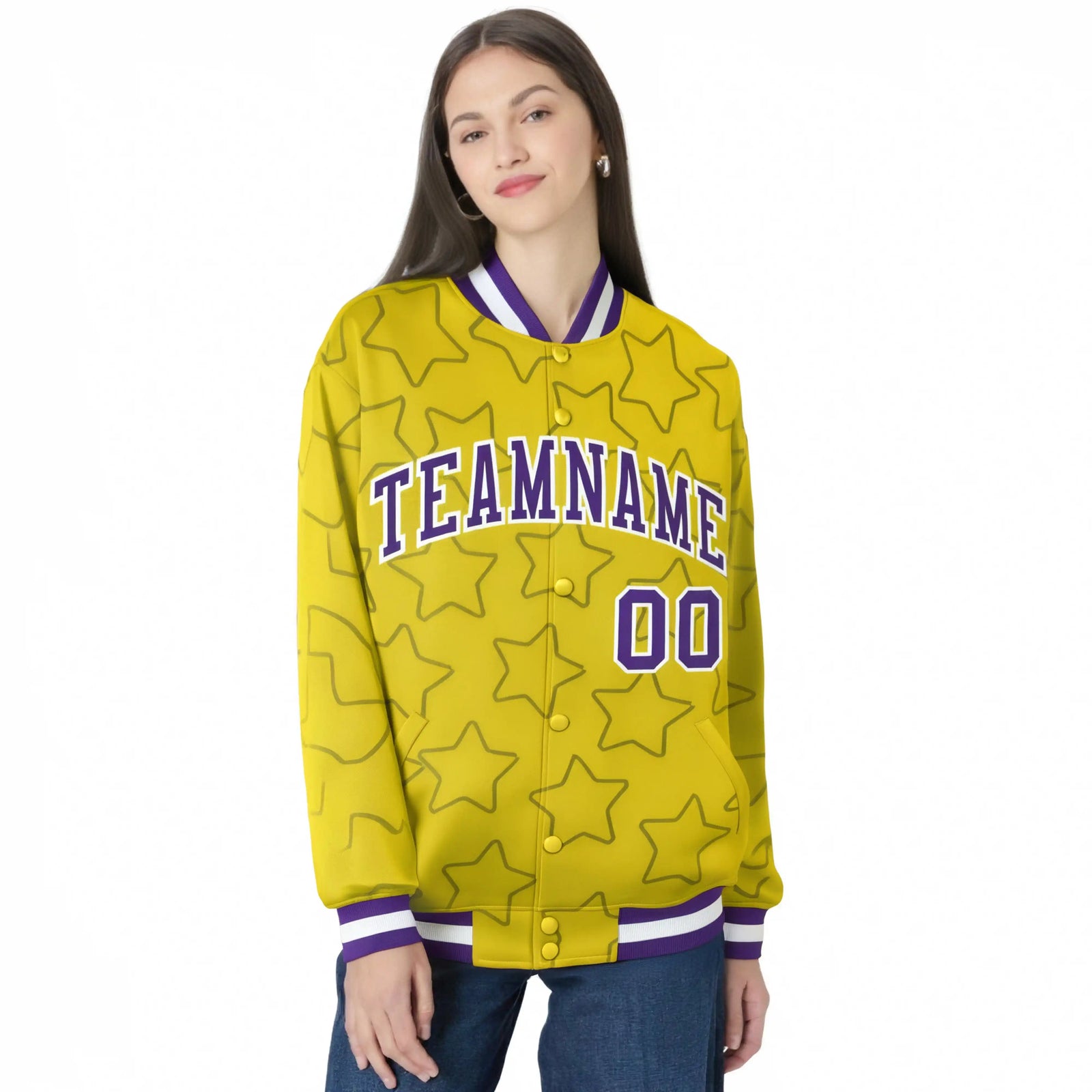 Custom Gold Purple-White Varsity Full-Snap Star Pattern Letterman Baseball Jacket