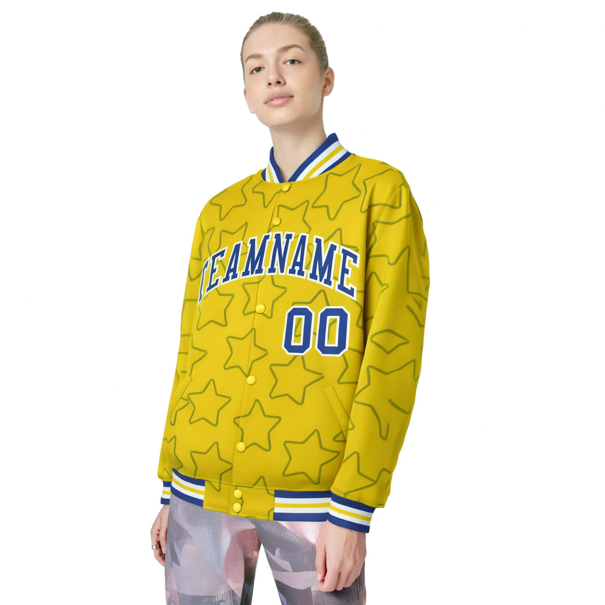 Custom Gold Royal Blue-White Varsity Full-Snap Star Pattern Letterman Baseball Jacket