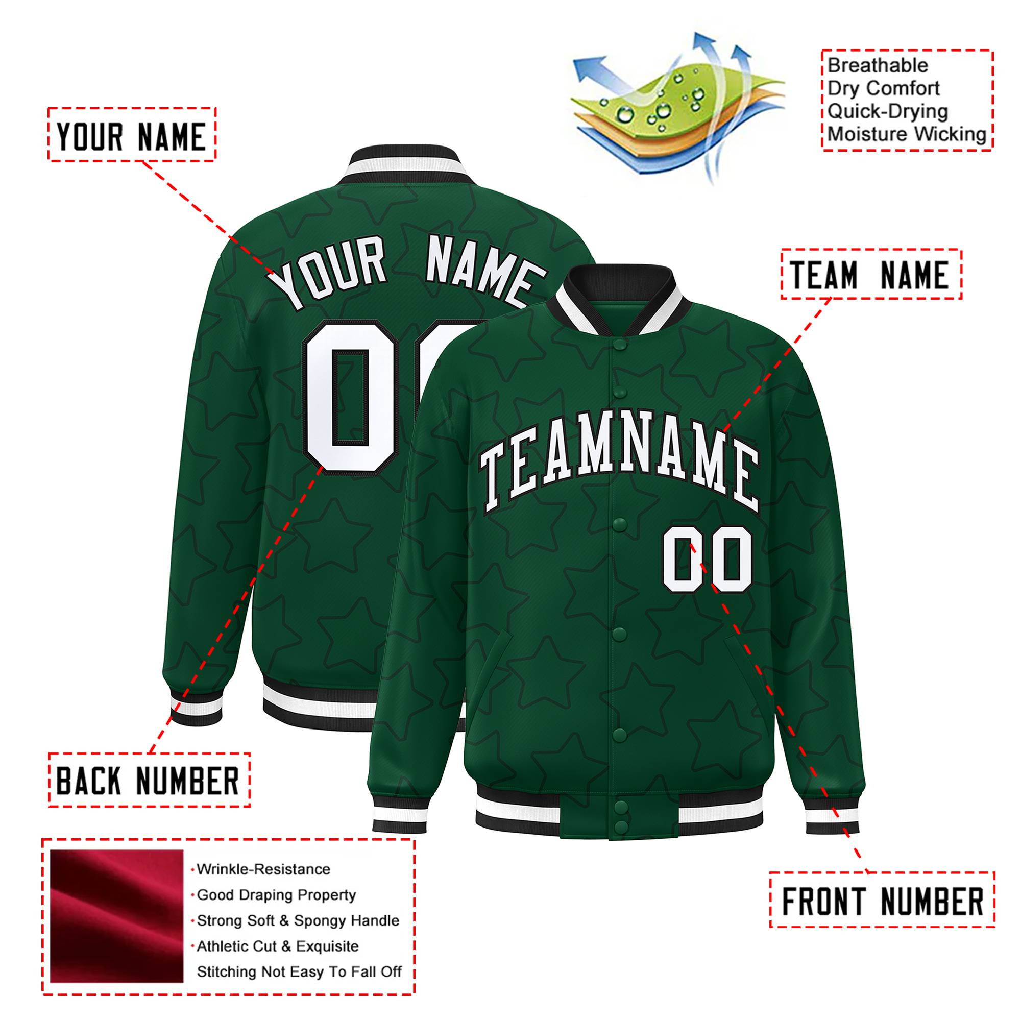 Custom Green White-Black Varsity Full-Snap Star Pattern Letterman Baseball Jacket