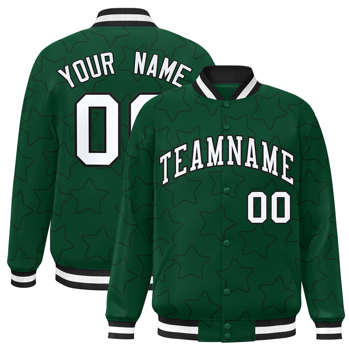 Custom Green White-Black Varsity Full-Snap Star Pattern Letterman Baseball Jacket