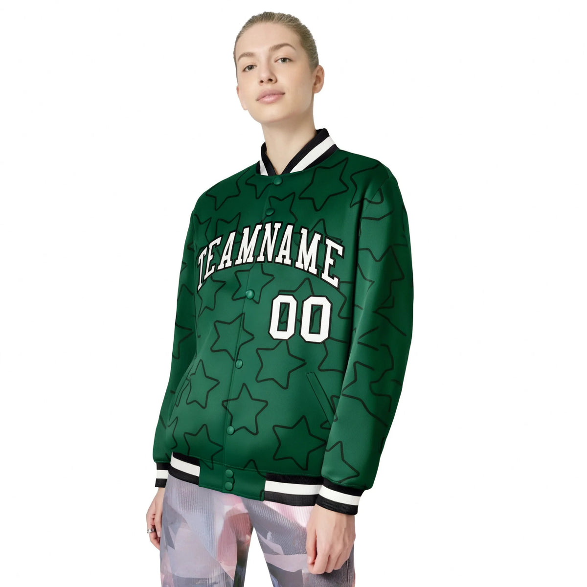 Custom Green White-Black Varsity Full-Snap Star Pattern Letterman Baseball Jacket