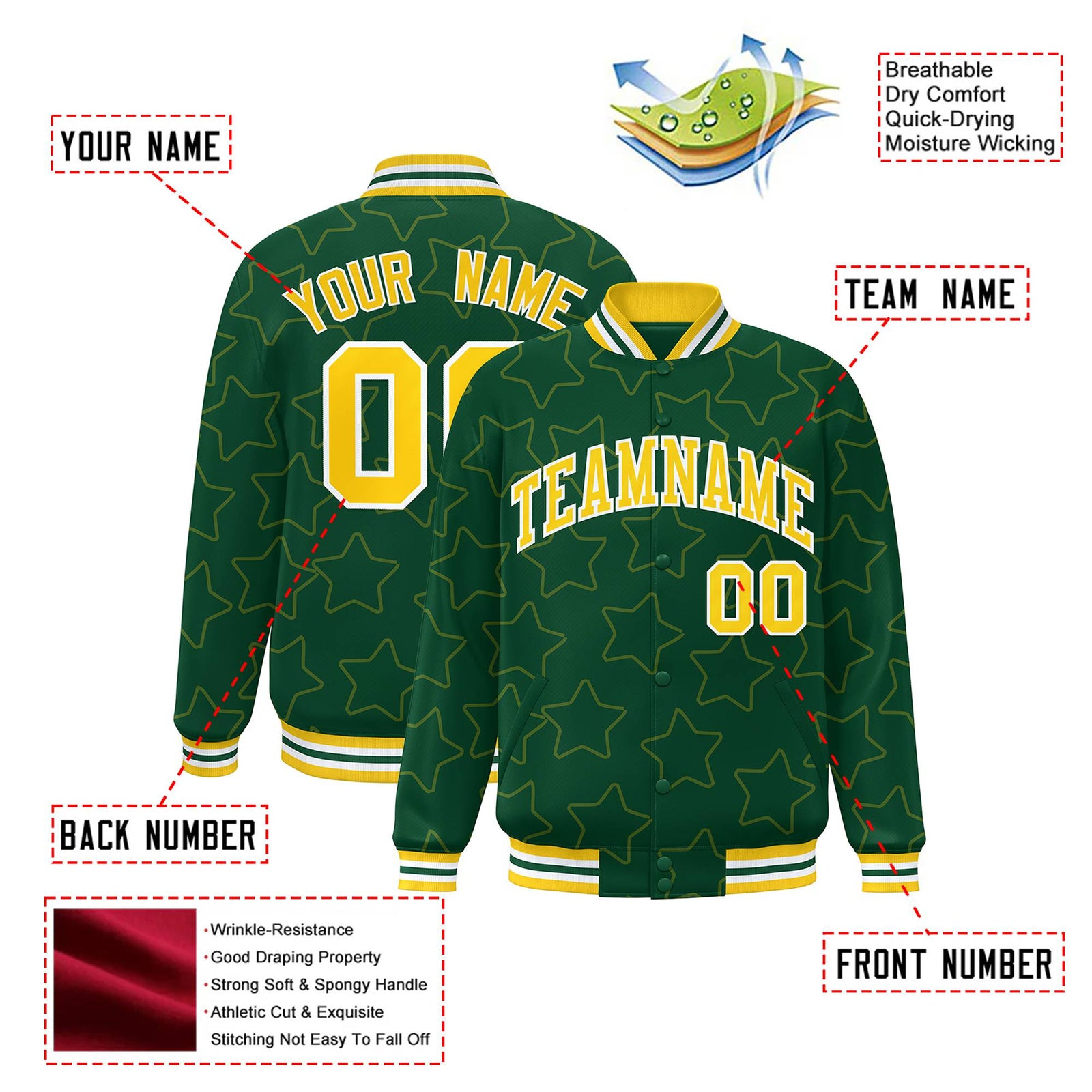 Custom Green Gold-White Varsity Full-Snap Star Pattern Letterman Baseball Jacket