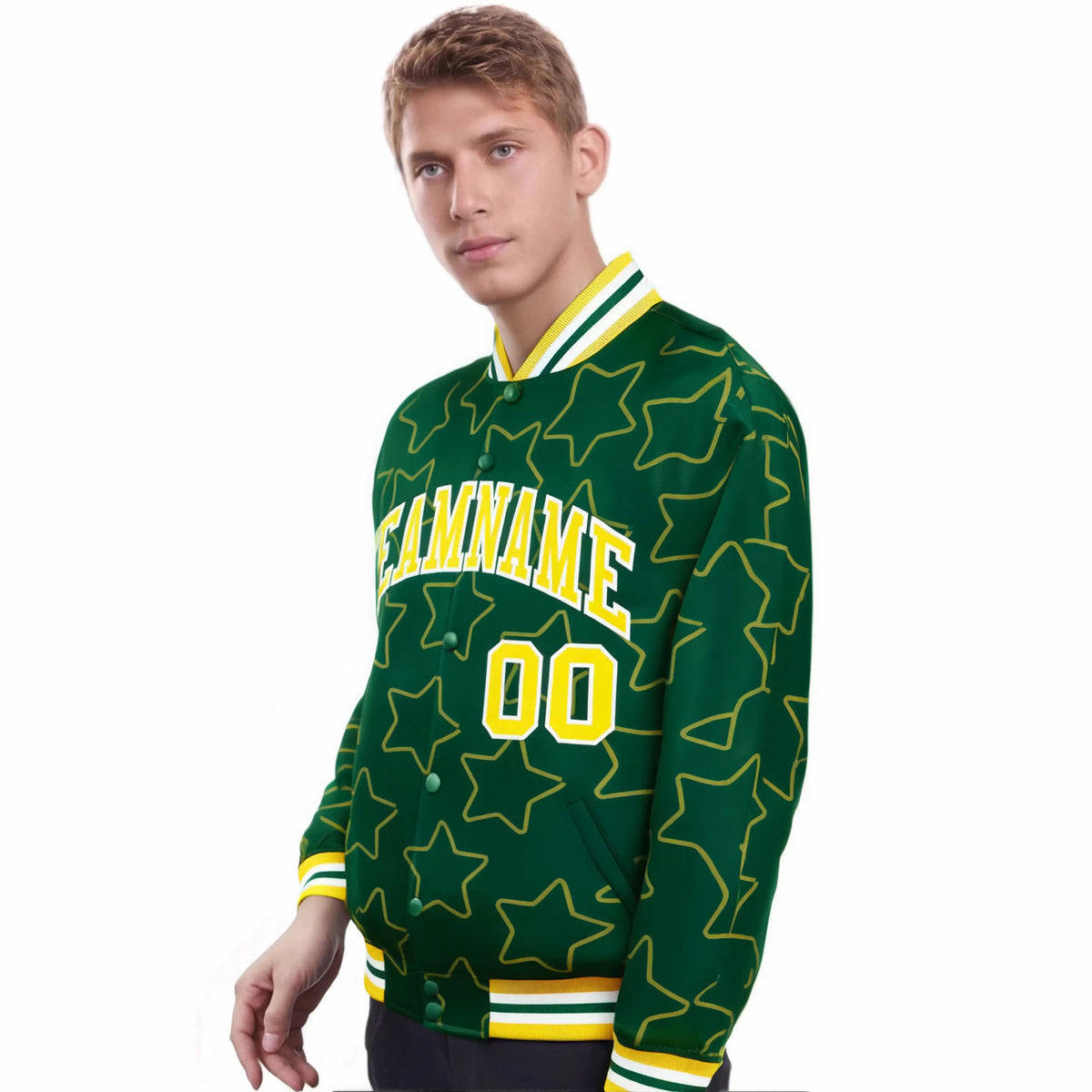 Custom Green Gold-White Varsity Full-Snap Star Pattern Letterman Baseball Jacket