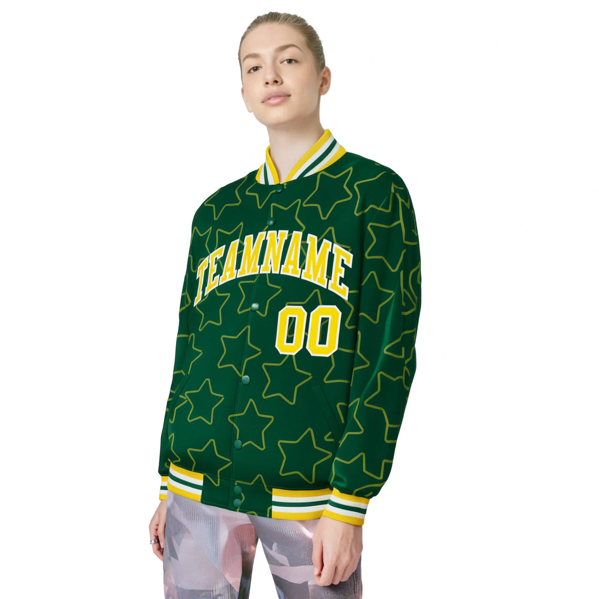 Custom Green Gold-White Varsity Full-Snap Star Pattern Letterman Baseball Jacket