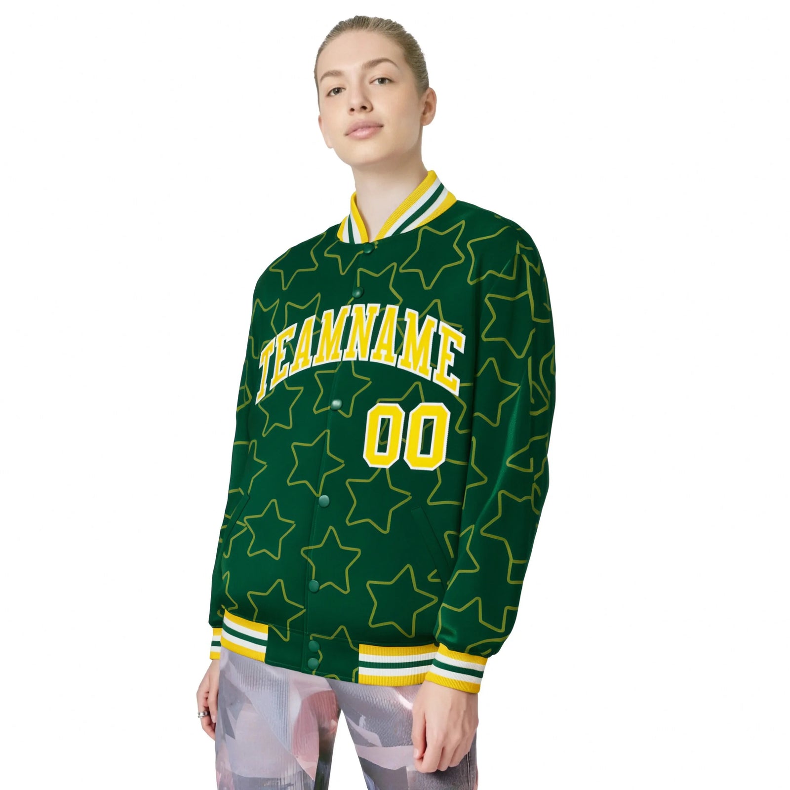 Custom Green Gold-White Varsity Full-Snap Star Pattern Letterman Baseball Jacket