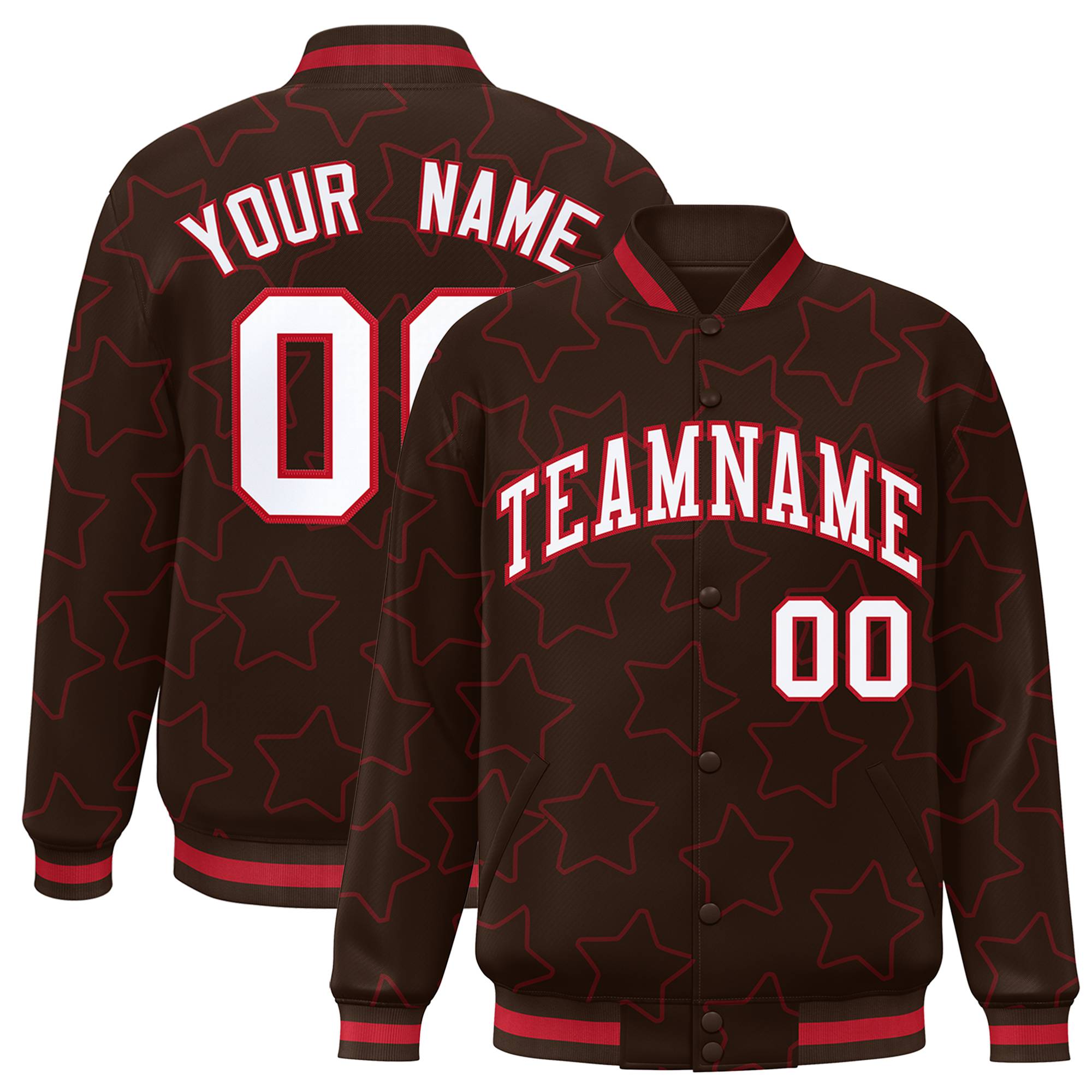 Custom Brown White-Red Varsity Full-Snap Star Pattern Letterman Baseball Jacket