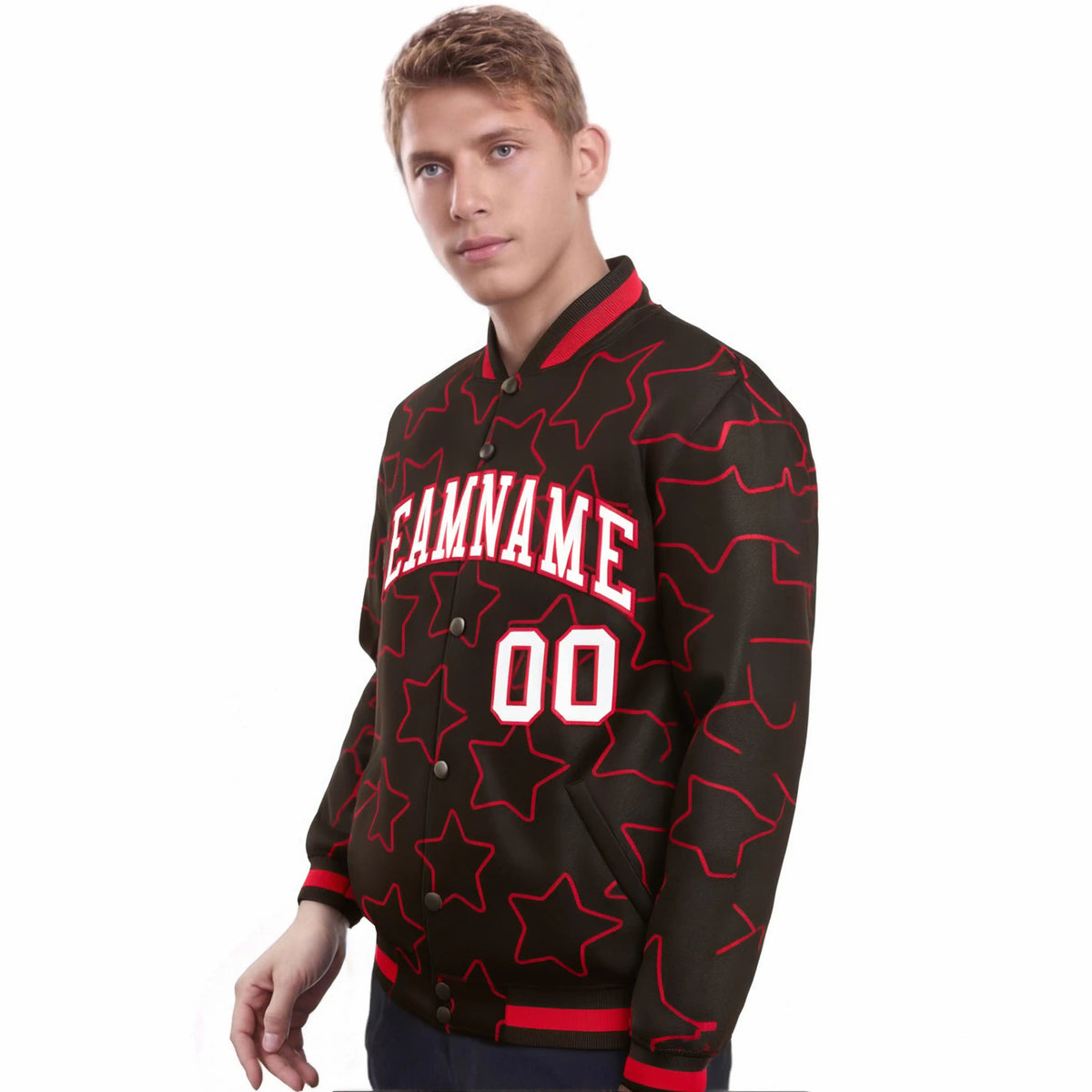 Custom Brown White-Red Varsity Full-Snap Star Pattern Letterman Baseball Jacket