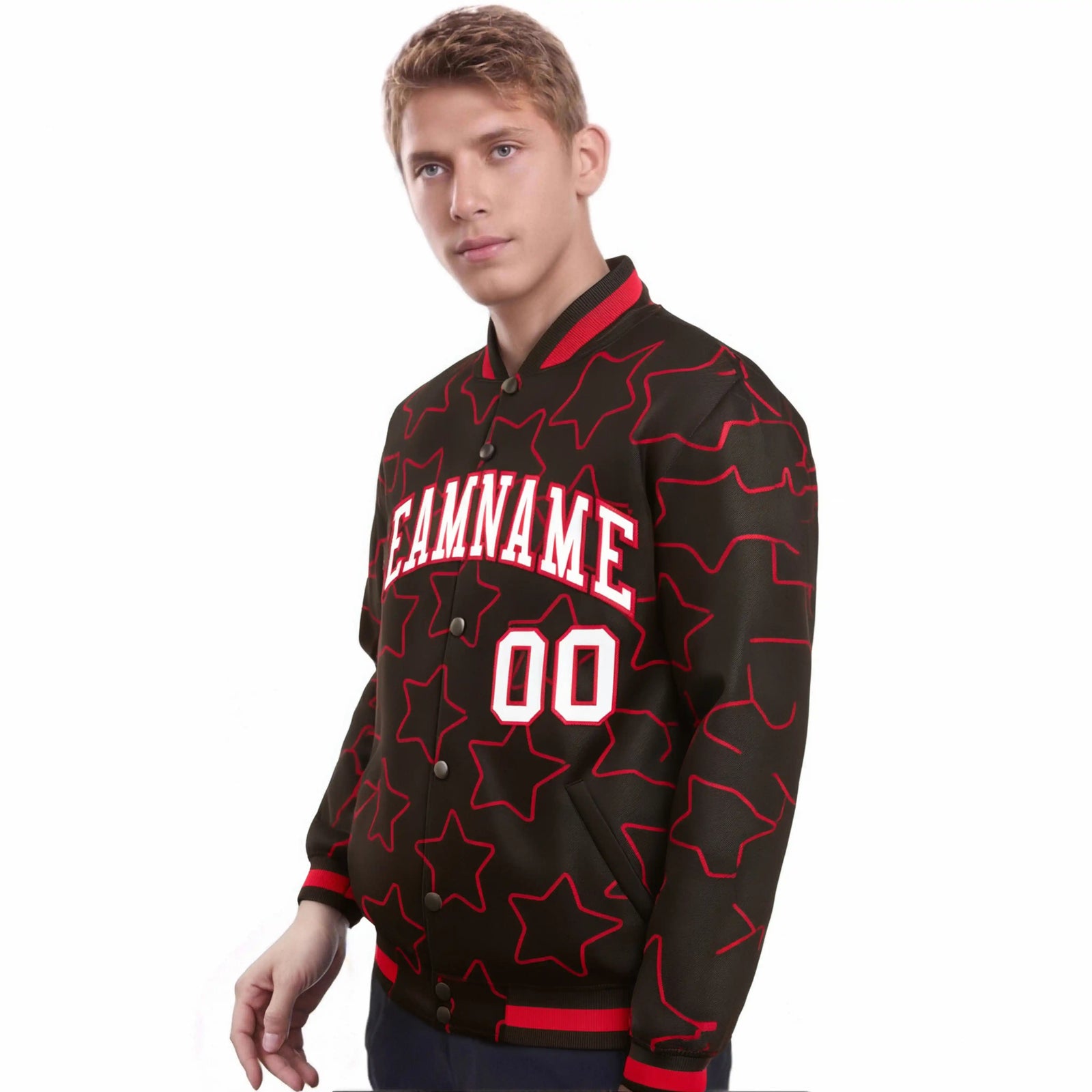 Custom Brown White-Red Varsity Full-Snap Star Pattern Letterman Baseball Jacket