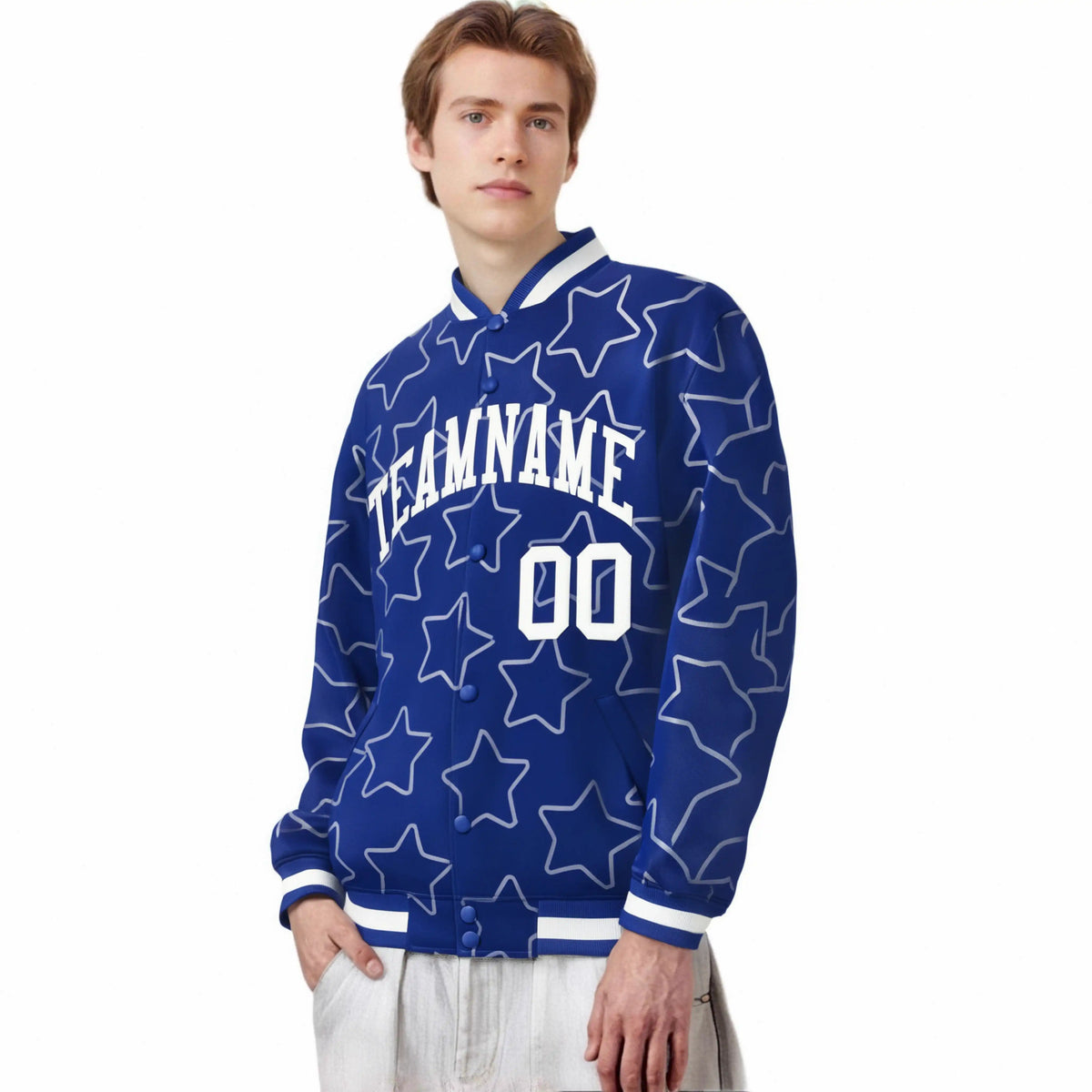Custom Royal Blue White Varsity Full-Snap Star Pattern Letterman Baseball Jacket