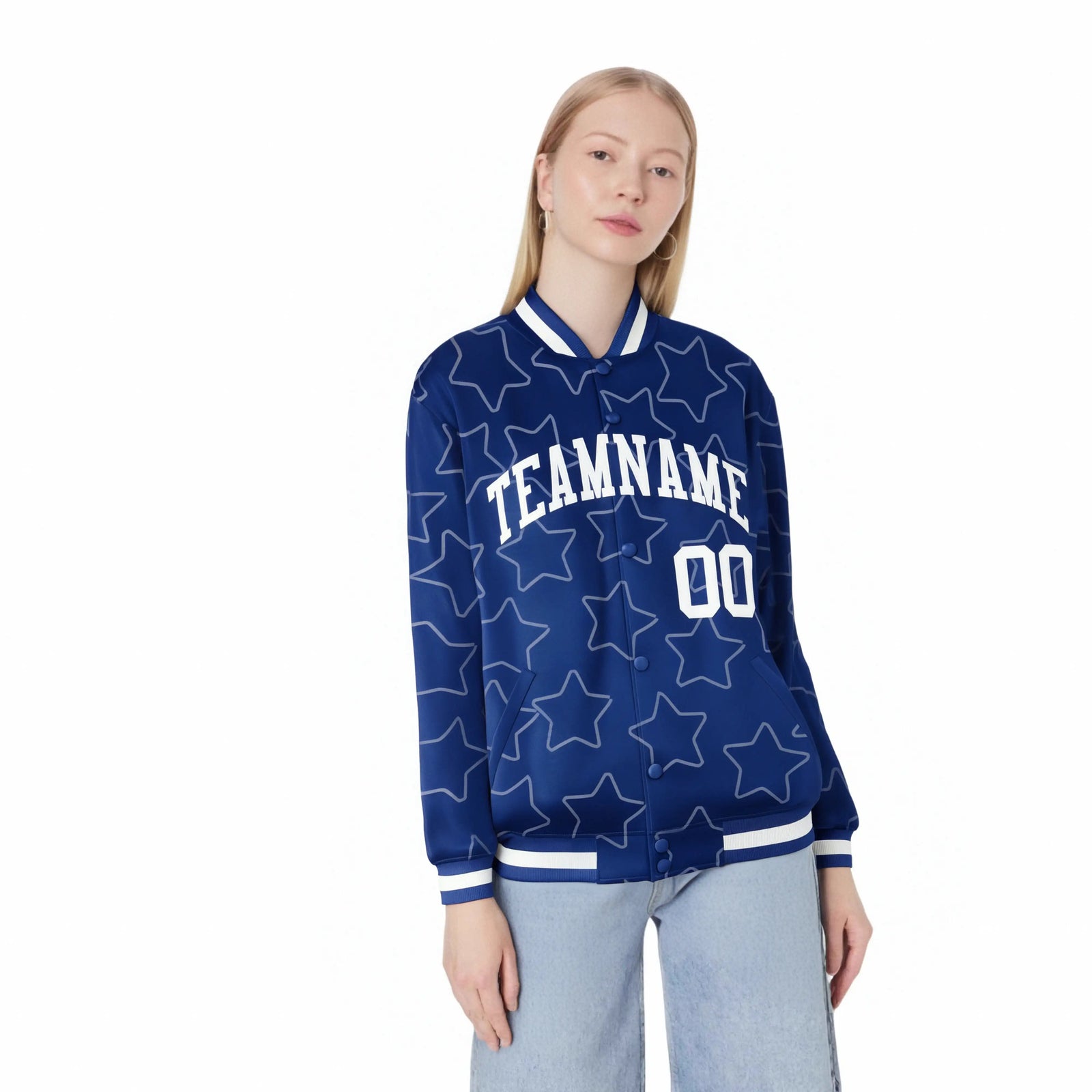 Custom Royal Blue White Varsity Full-Snap Star Pattern Letterman Baseball Jacket