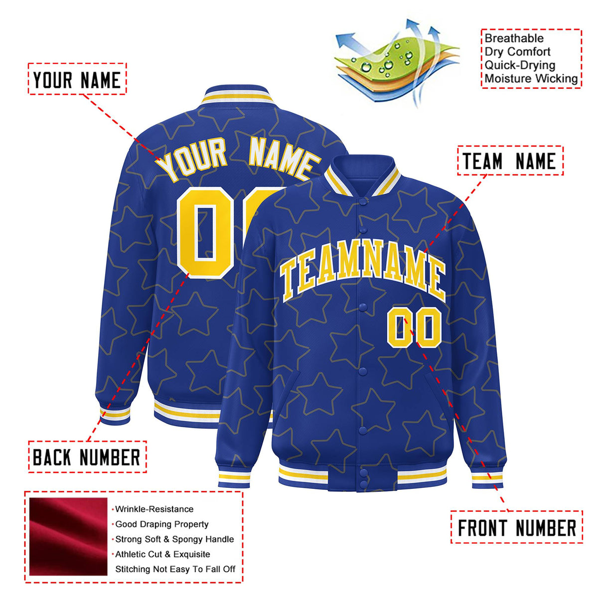 Custom Royal Blue Gold-White Varsity Full-Snap Star Pattern Letterman Baseball Jacket
