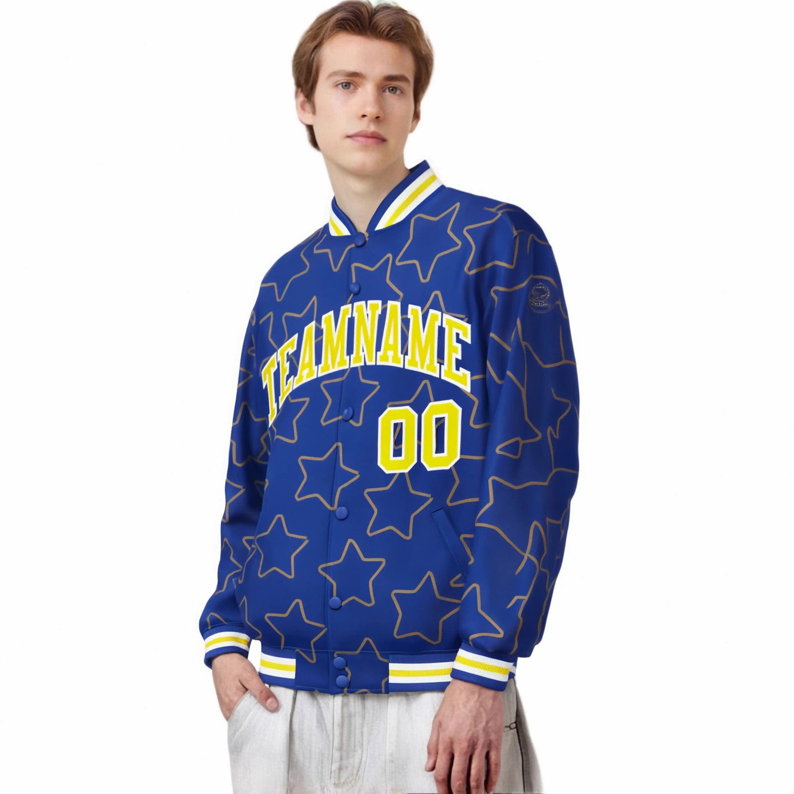 Custom Royal Blue Gold-White Varsity Full-Snap Star Pattern Letterman Baseball Jacket