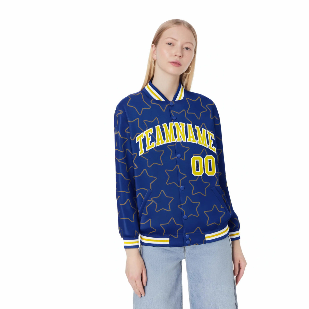Custom Royal Blue Gold-White Varsity Full-Snap Star Pattern Letterman Baseball Jacket