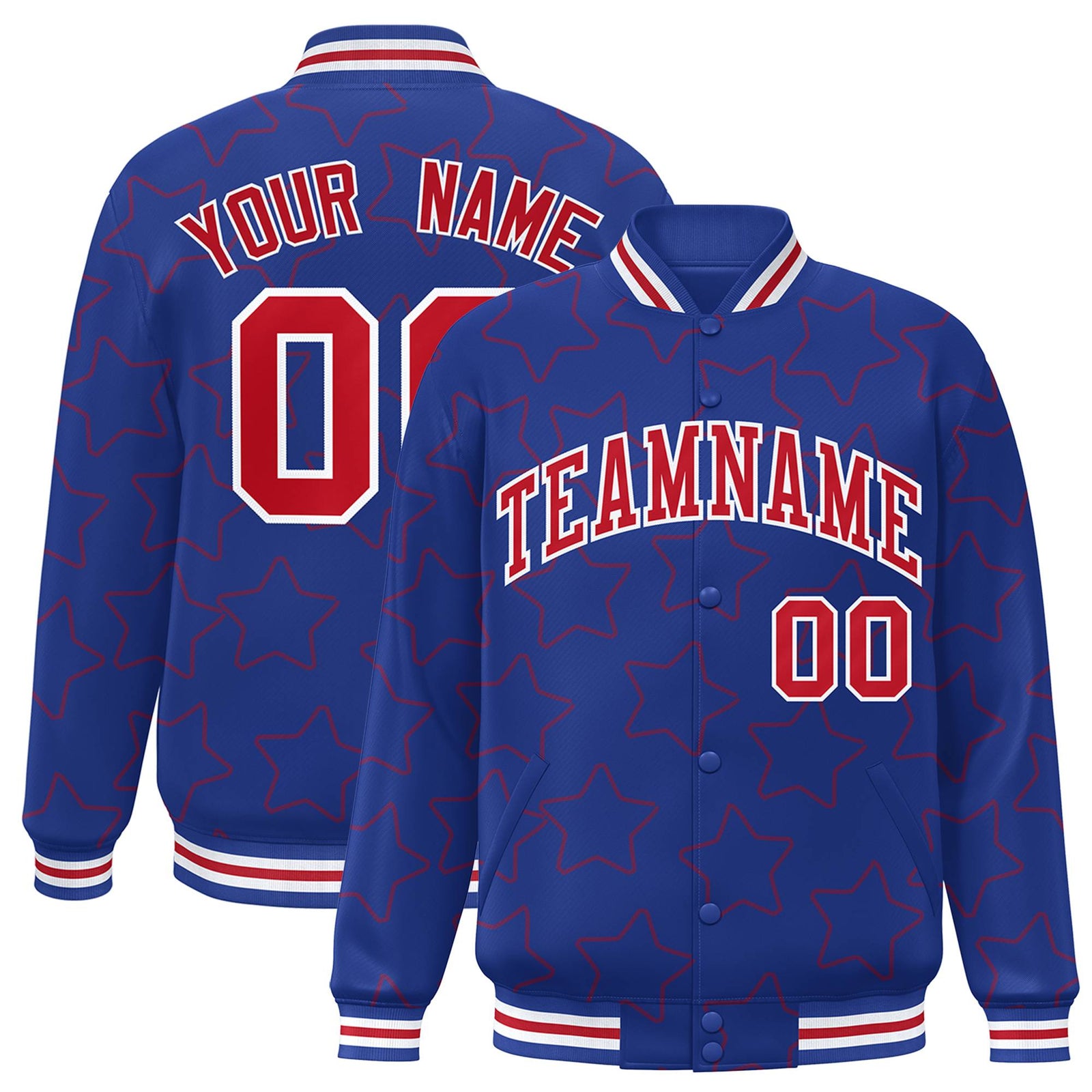 Custom Royal Blue Red-White Varsity Full-Snap Star Pattern Letterman Baseball Jacket
