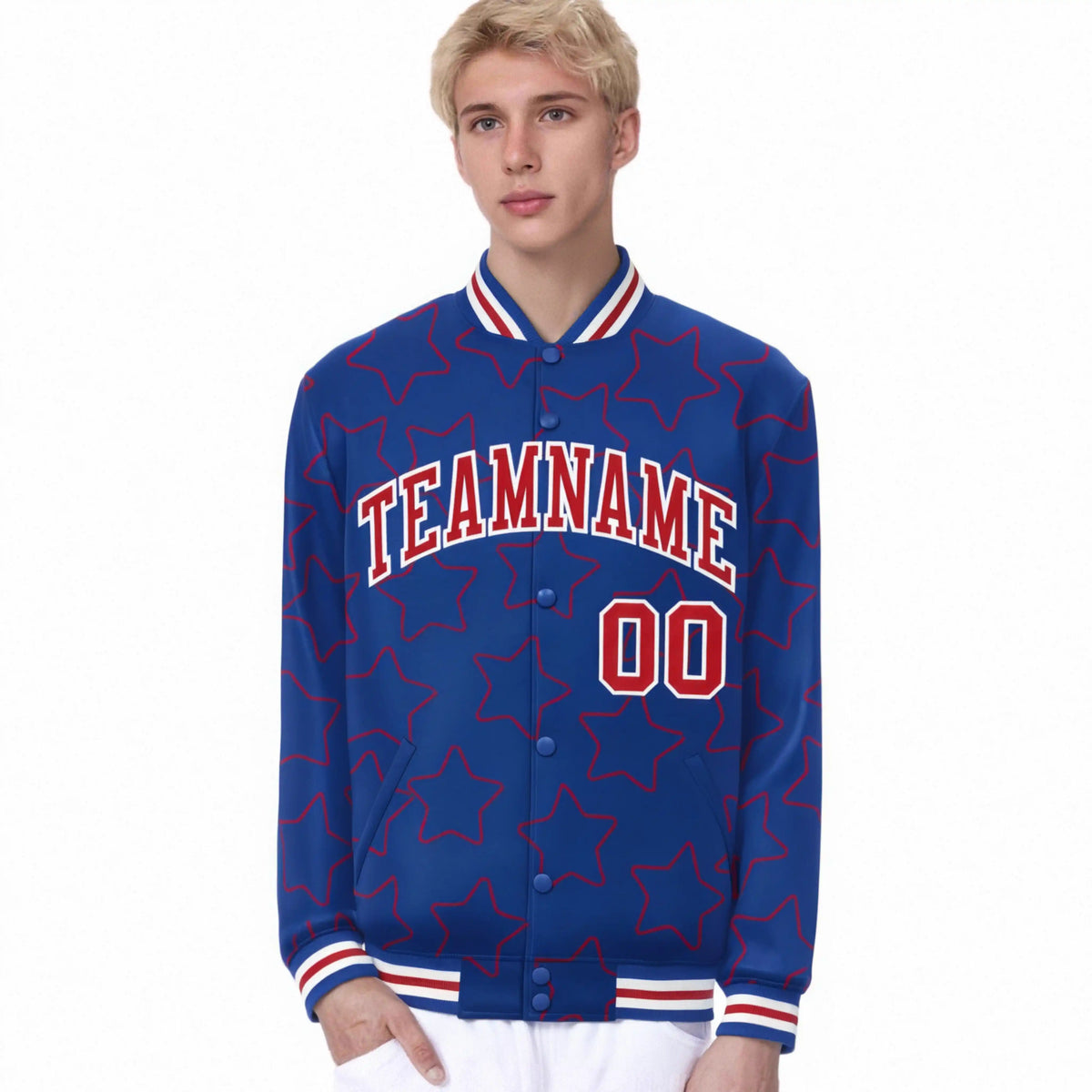 Custom Royal Blue Red-White Varsity Full-Snap Star Pattern Letterman Baseball Jacket