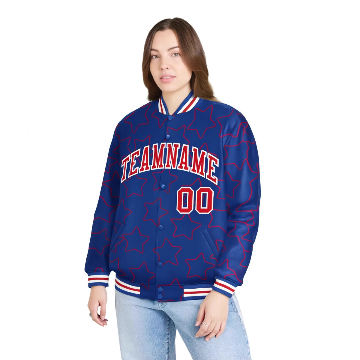 Custom Royal Blue Red-White Varsity Full-Snap Star Pattern Letterman Baseball Jacket