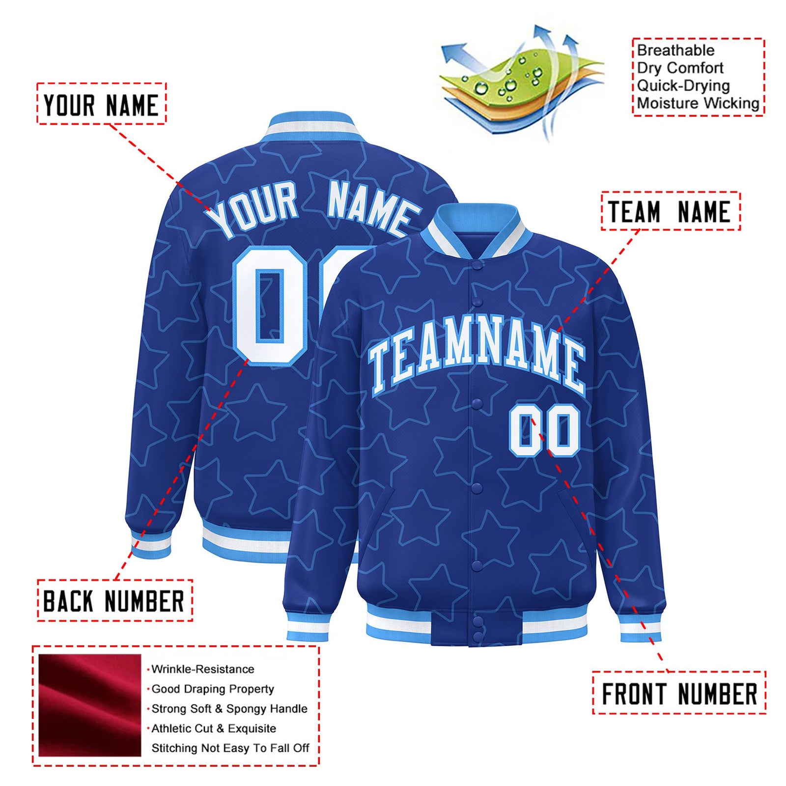 Custom Royal Blue White-Powder Blue Varsity Full-Snap Star Pattern Letterman Baseball Jacket