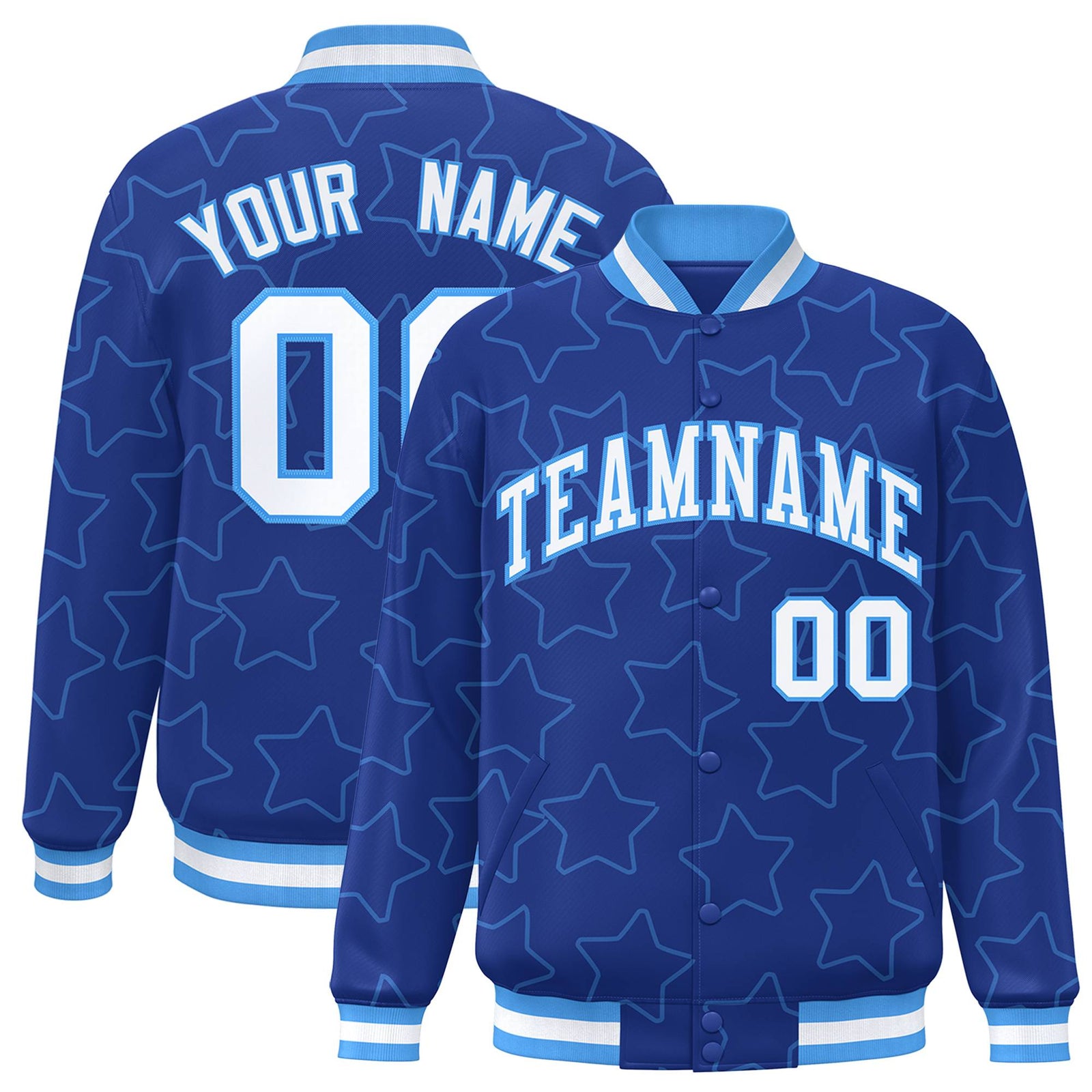 Custom Royal Blue White-Powder Blue Varsity Full-Snap Star Pattern Letterman Baseball Jacket